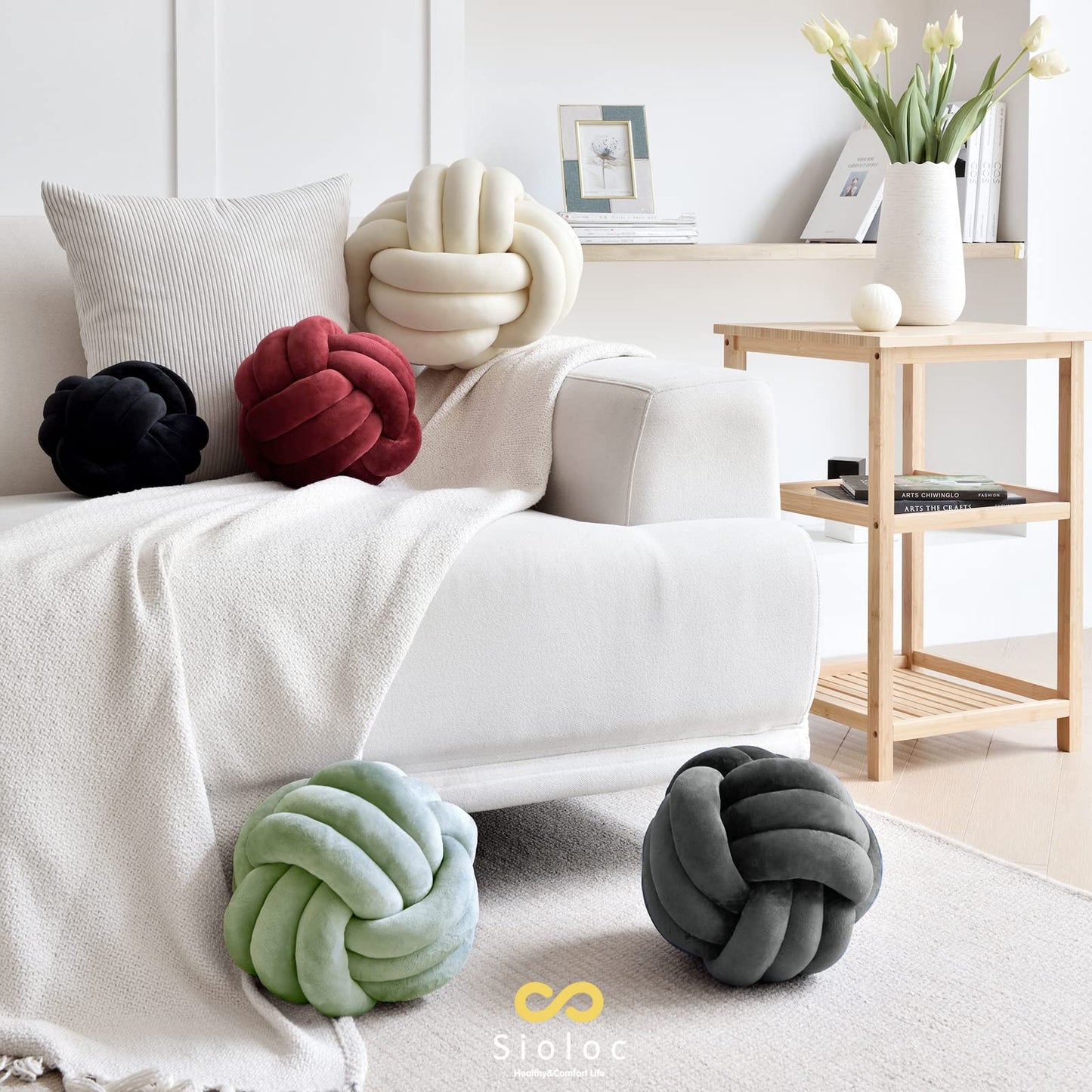 Sioloc Soft Knot Ball Pillows,Round Throw Pillow Cushion Home Decoration Plush Pillow,Throw Knotted Pillow Handmade Round Plush Pillow（7.8inches,Green）