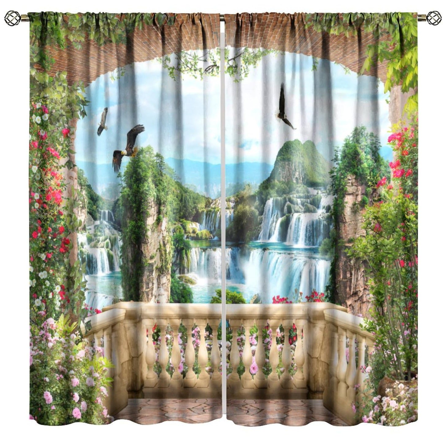 Yoakiet Italian Landscape Curtains,Old Stone Arches Sea Viewing Balcony Mural Waterfall Garden Flower Plant Print Rod Pocket Window Treatments Drapes for Bedroom Kitchen Living Room 42" W X 45" L