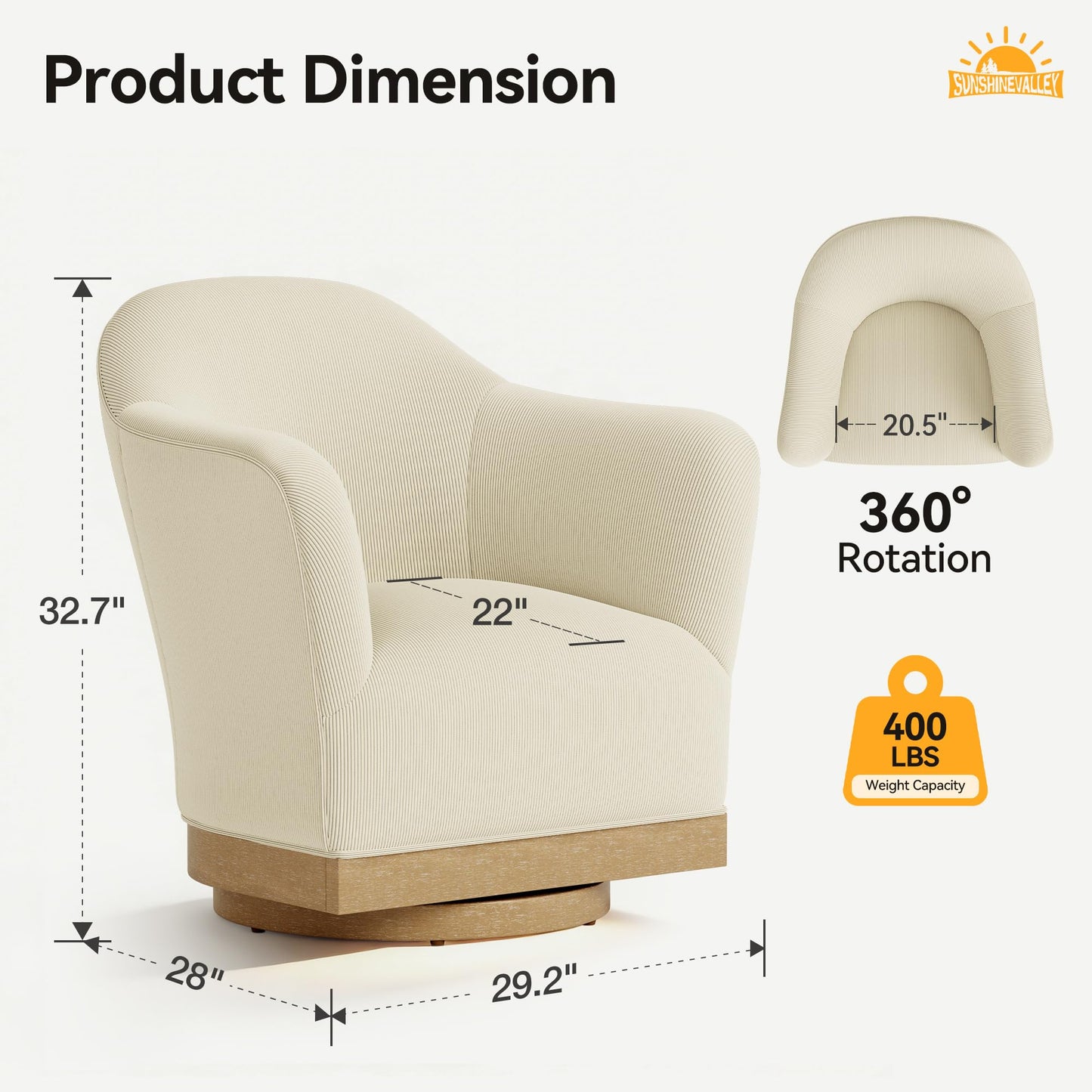 SUNSHINE VALLEY Swivel Accent Chair, High-Back Barrel Chair with Reinforced Hardwood Frame, 360°Swivel for Living Room, Armchair with 400 lbs Capacity, No Assembly Required, Off-White