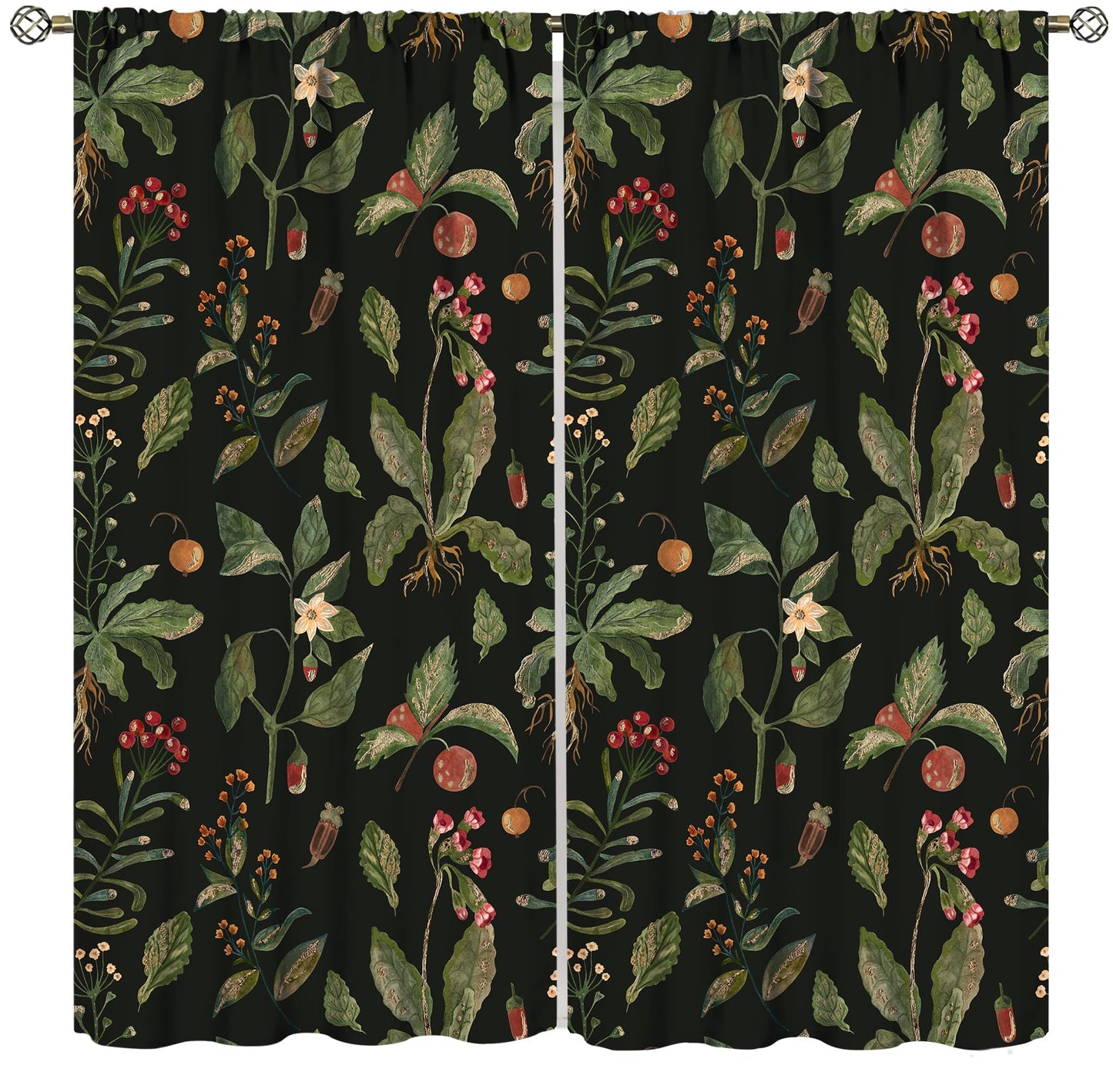 PHTAYOT Black Botanical Curtains, Botanical Green Leaves Boho Plant Flower Floral Spring for Room Window Decor, Rod Pocket Print Drapes for Living Room Bedroom Kitchen 2 Panel Set 20.5" W X 45" L