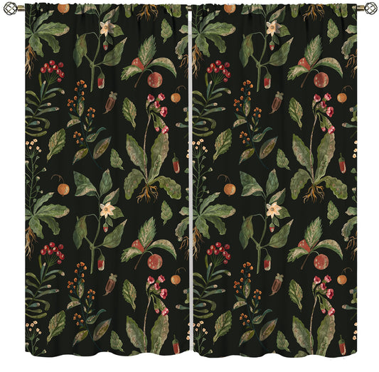PHTAYOT Black Botanical Curtains, Botanical Green Leaves Boho Plant Flower Floral Spring for Room Window Decor, Rod Pocket Print Drapes for Living Room Bedroom Kitchen 2 Panel Set 20.5" W X 45" L