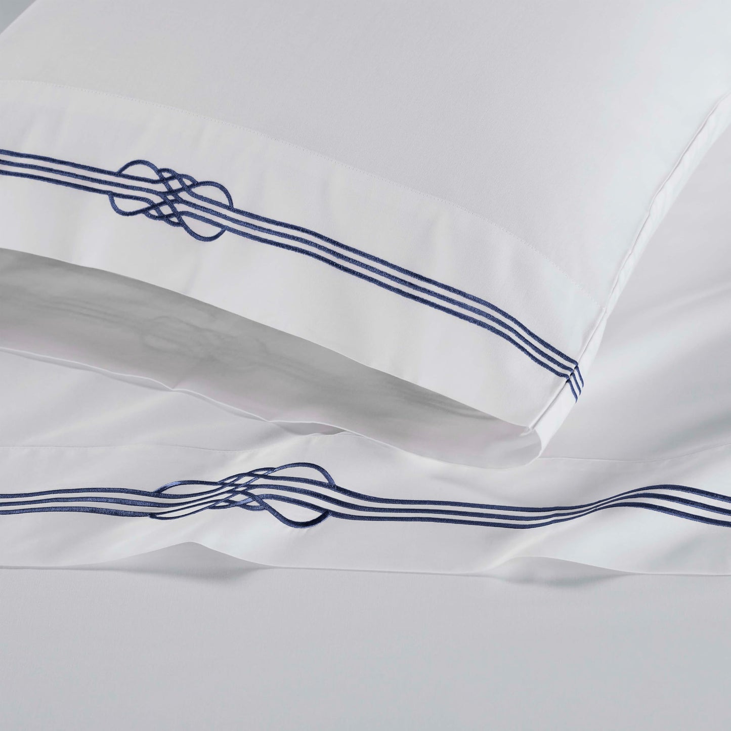 Superior Embroidered Cotton Bed Sheet Set, 1 Elastic Deep Pocket Fitted Sheet, 1 Flat Sheet, 2 Pillowcases, Daily Soft Sheets, Luxury, Elegant Design, Moonlawn Collection, Queen Size, White/Navy Blue