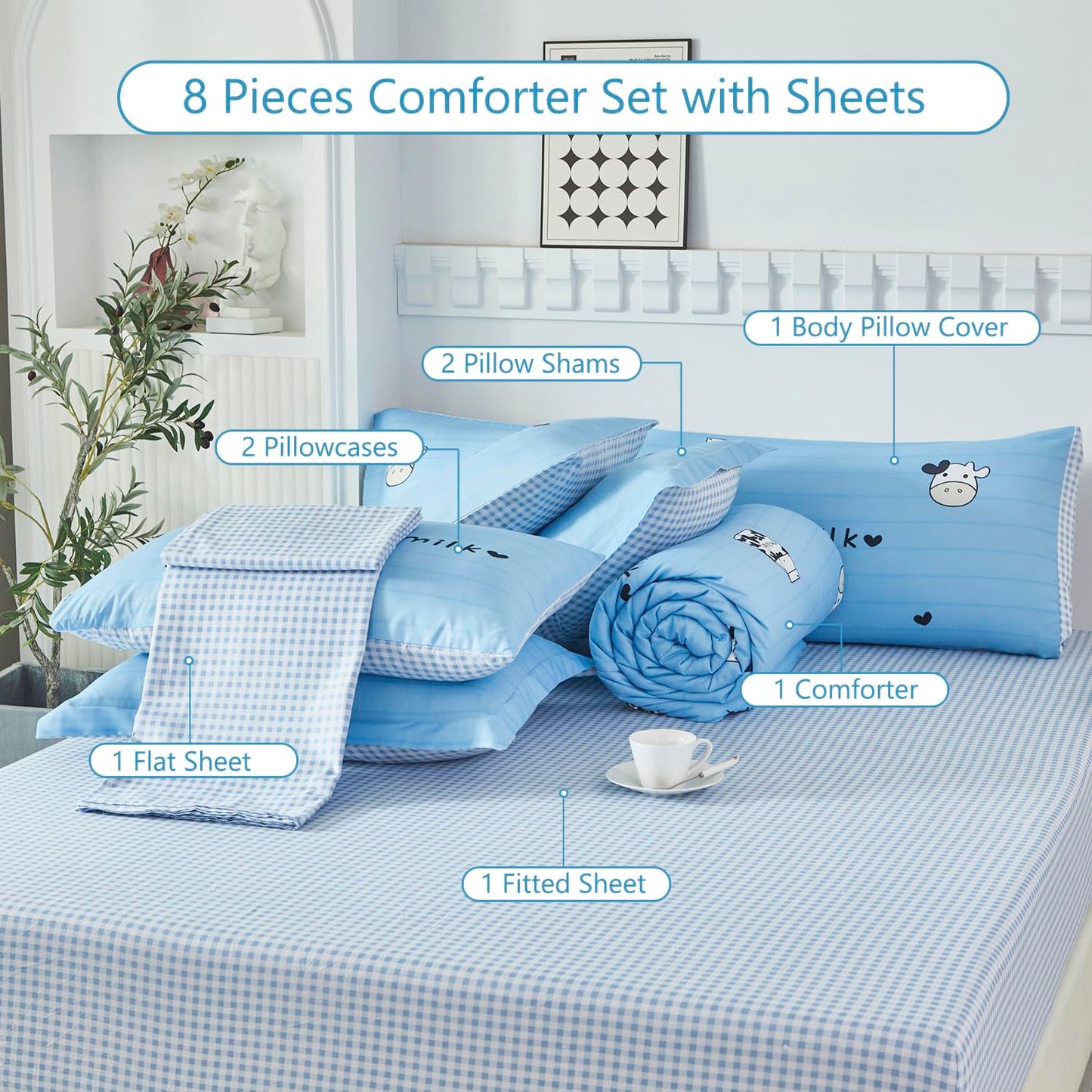 SUCSES 8 Pieces Blue Full Size Comforter Set Striped Western Kids Bedding Sets for Boys Girls Milk Cow Print Bed in A Bag with Comforter and Sheets (Blue, Full)