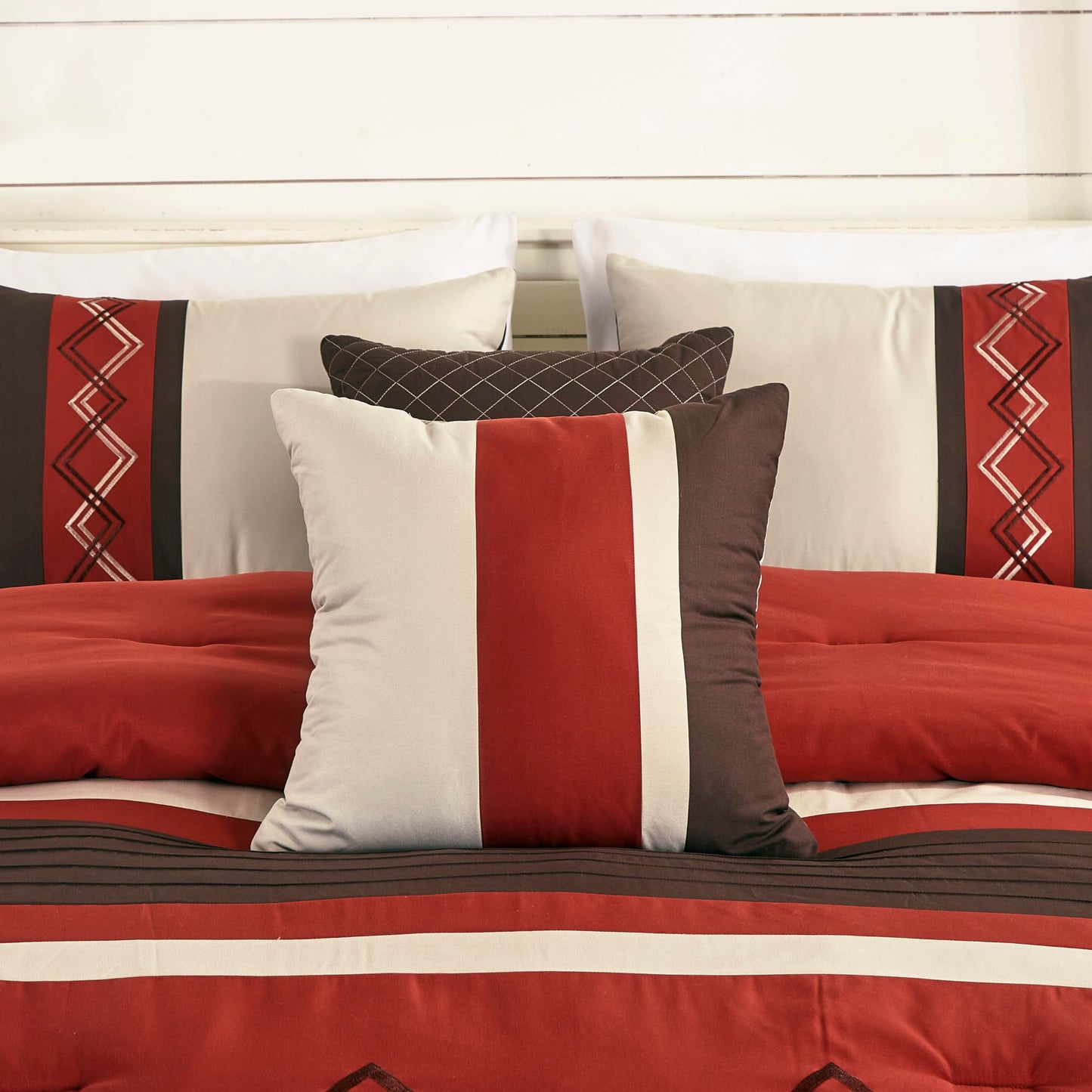 Chezmoi Collection Arden 7-Piece Modern Pleated Stripe Embroidered Zigzag Bedding Comforter Set (King, Spice/Brown/Coffee Cream)