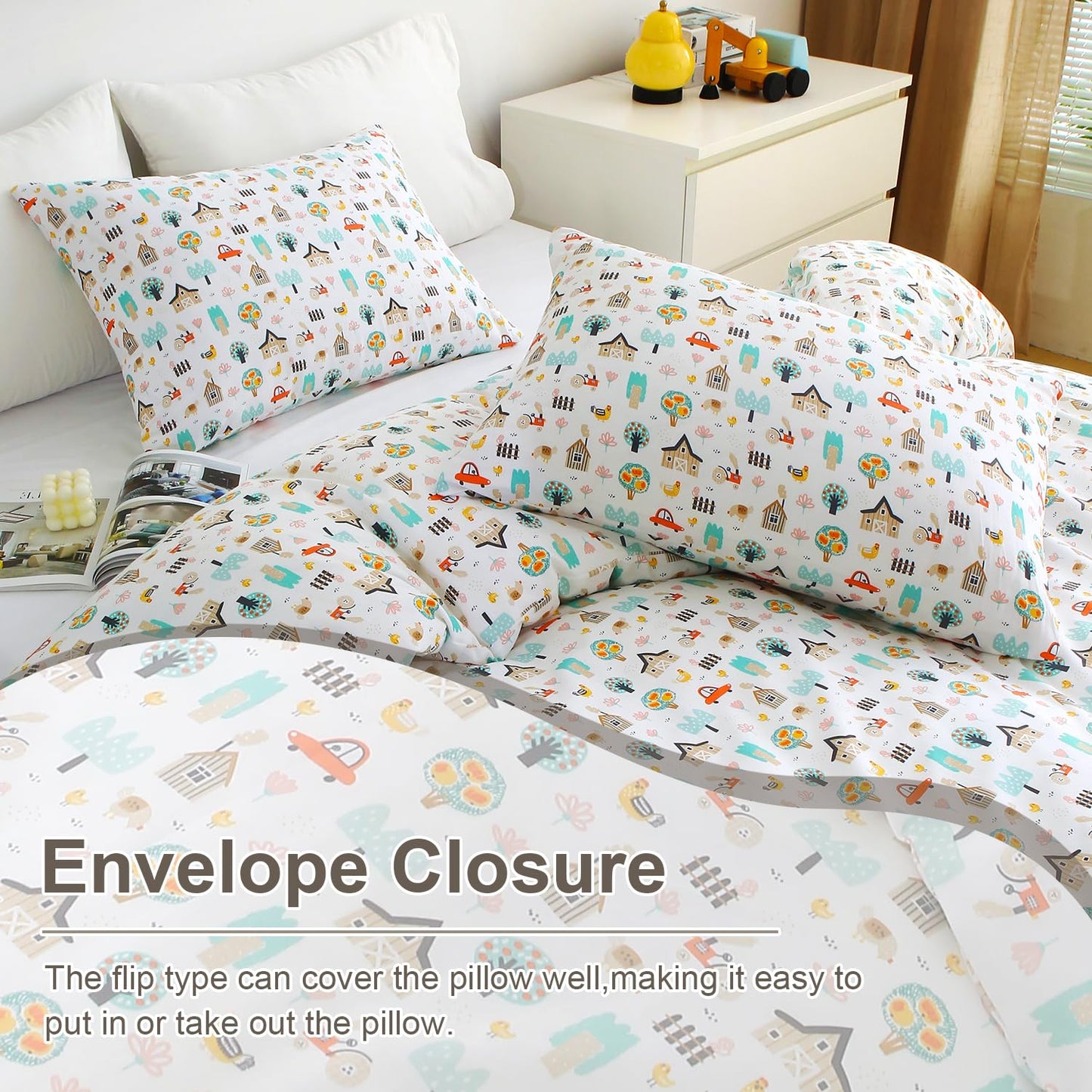 Ivellow Queen Duvet Cover Set Cottage White 100% Cotton Duvet Cover for Kids Cute Bedding Set 3Pcs Ultra Soft Breathable Kids Duvet Cover Patterned Cartoon Comforter Cover Boys Girls Toddler Teen