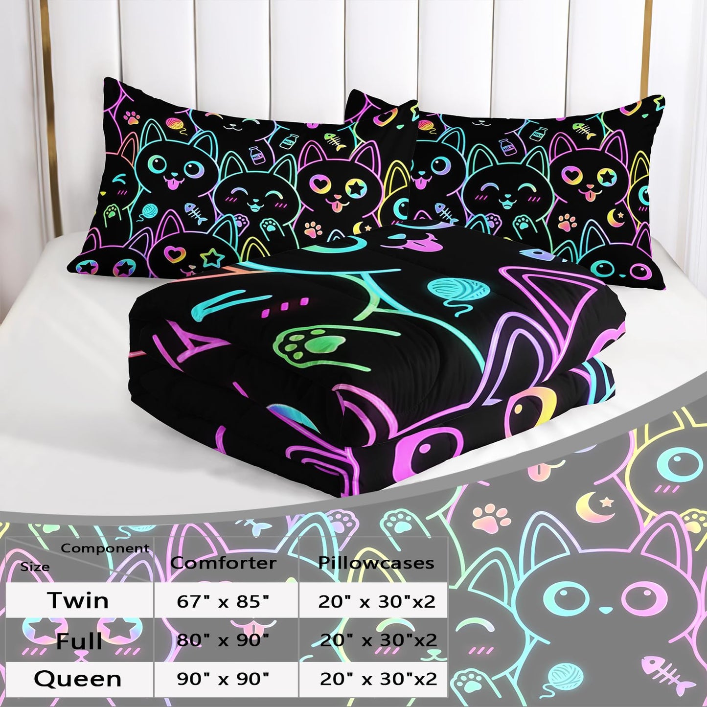 AILONEN Bright Outline Kitty Queen Comforter Set, Multicolor Animal Faces with Hearts and Paws, 3 Piece 1 Comforter + 2 Pillowcases, Trendy Theme