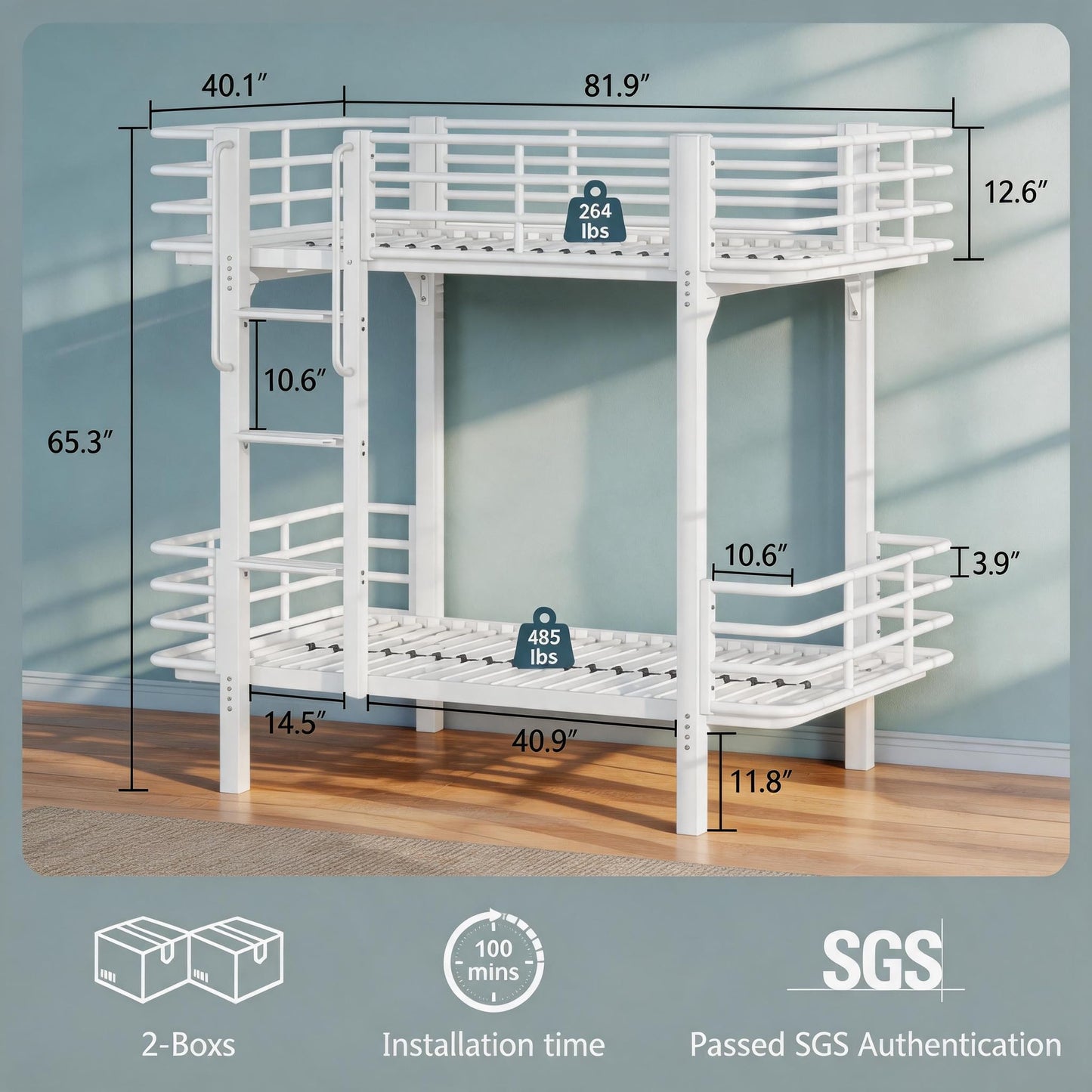 Einhomn Curved Metal Bunk Bed Twin Over Twin, Heavy Duty Bunkbeds with Safety Guardrails, Ladder with Built-in Handrails & Wide Steps, Space-Saving Design for Kids, Teens & Adults