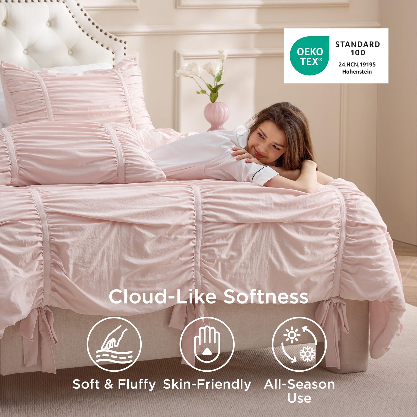 Bedsure Ruched Comforter Set with Bow Trim Pink, GentleSoft™ 3 Pieces Bow Bedding Pink Room Decor, King Boho Bedding for Girls Teens Women, 1 Bed Comforter, 2 Pillow Shams, 104x90 Inches