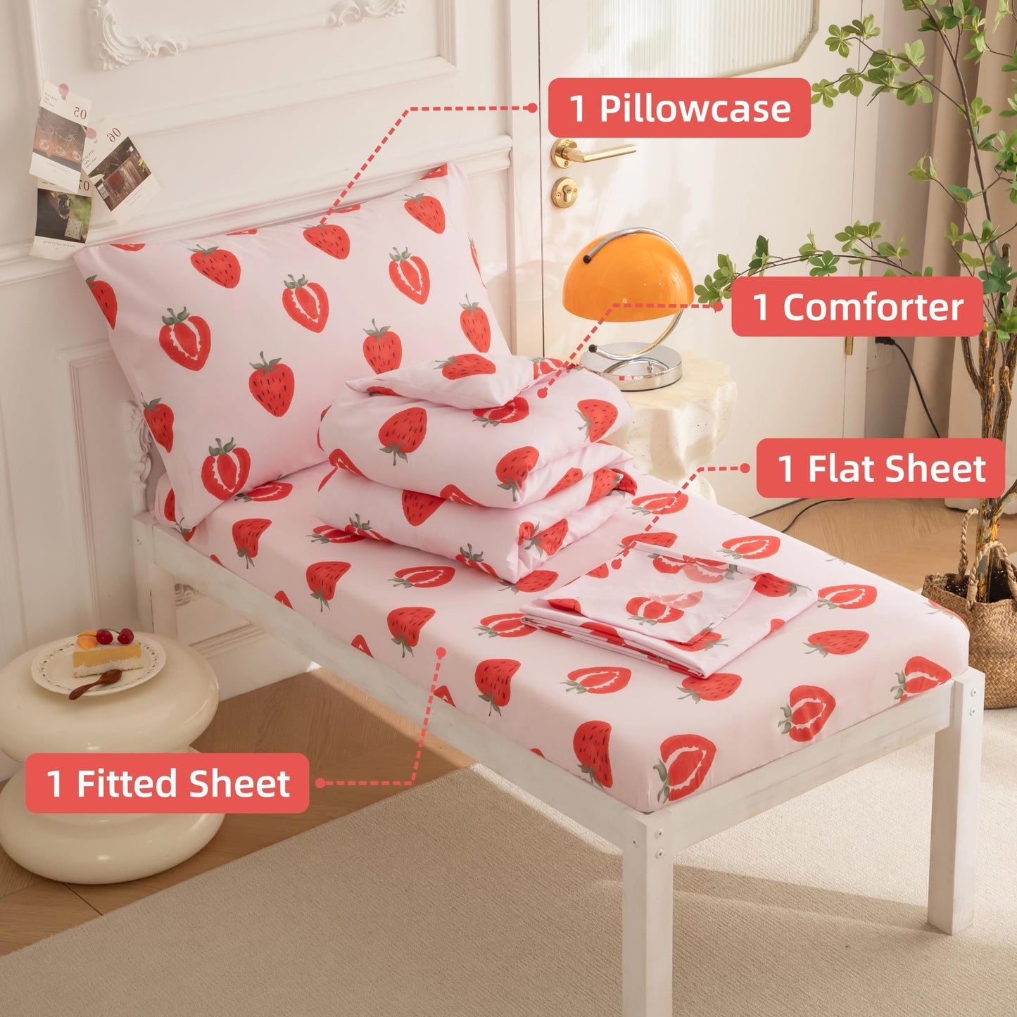 SDIII 4 Piece Strawberry Toddler Bedding Set, Kawaii Fruit Printed Pink Toddler Bedding Girl with Comforter, Fitted Sheet, Flat Sheet, Pillowcase