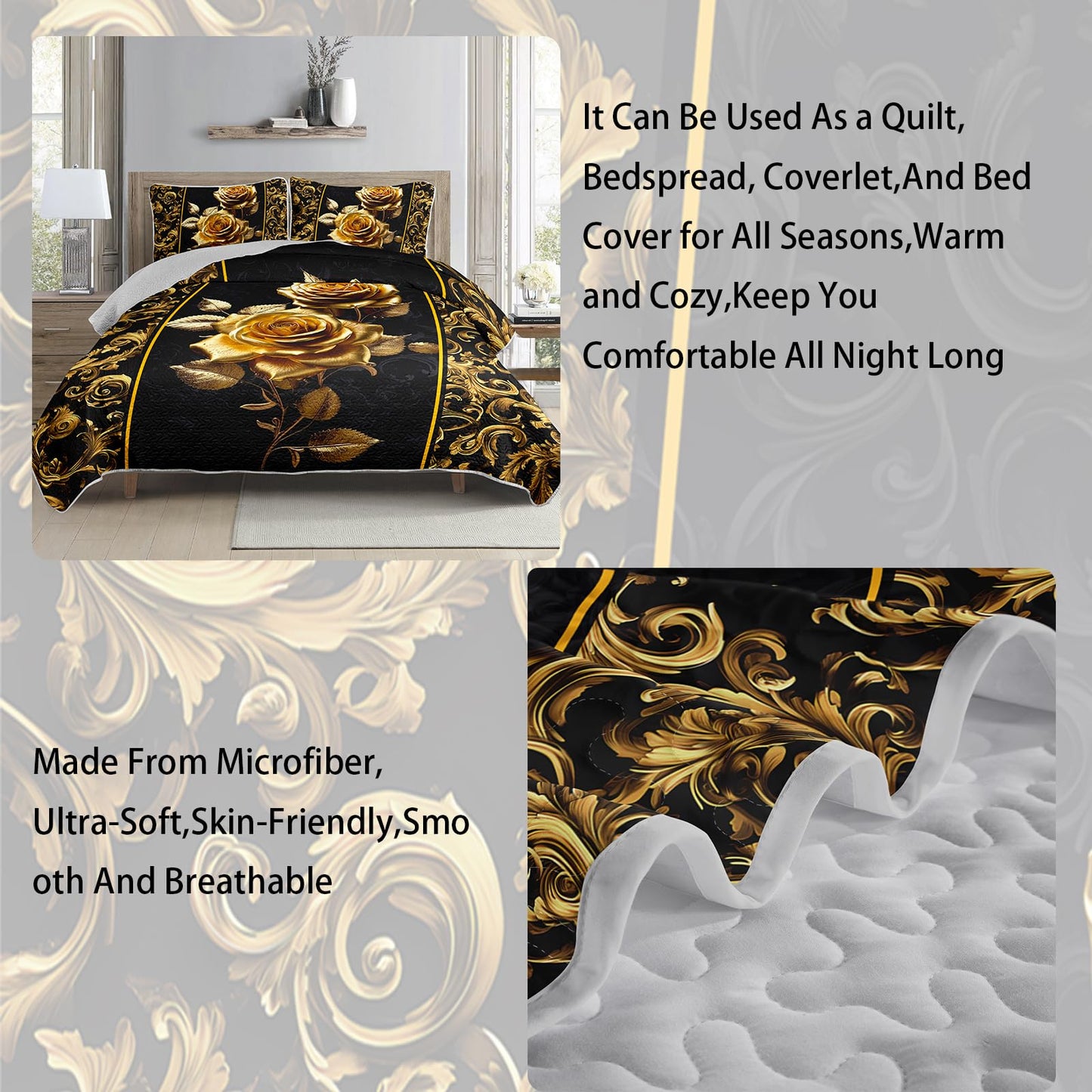 AILONEN Golden Rose Printed Quilt Set Full Size with 2 Pillowcases,Black and Gold Flower Luxury Quilted Bedspreads Soft Lightweight,Romantic Floral Bedding Set 3Pcs