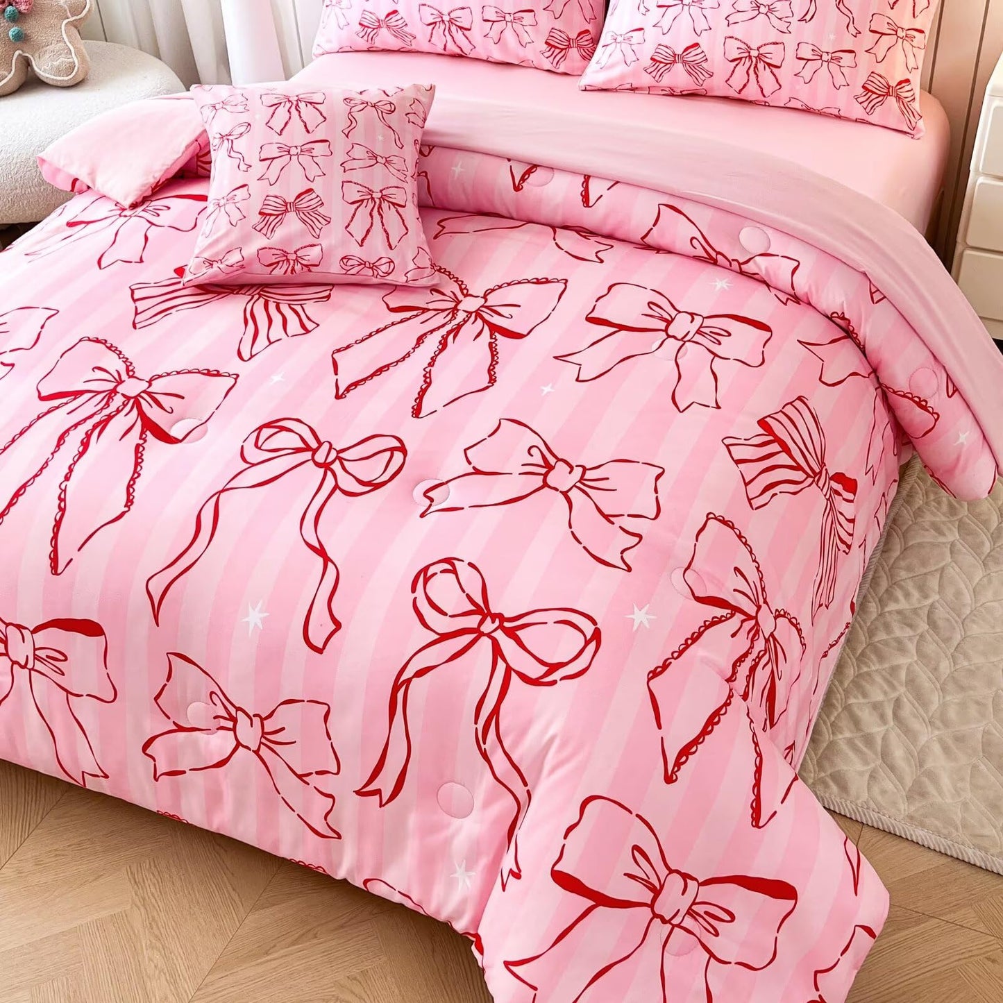 GRAT TIOC 6 Pieces Pink Bow Ribbon Comforter Set for Girls Twin,Girly Bed in A Bag Coquette Bows Bedding Set for Girl Kids (1 Comforter,1 Flat Sheet,1 Fitted Sheet,2 Pillowcases and 1 Cushion Cover)