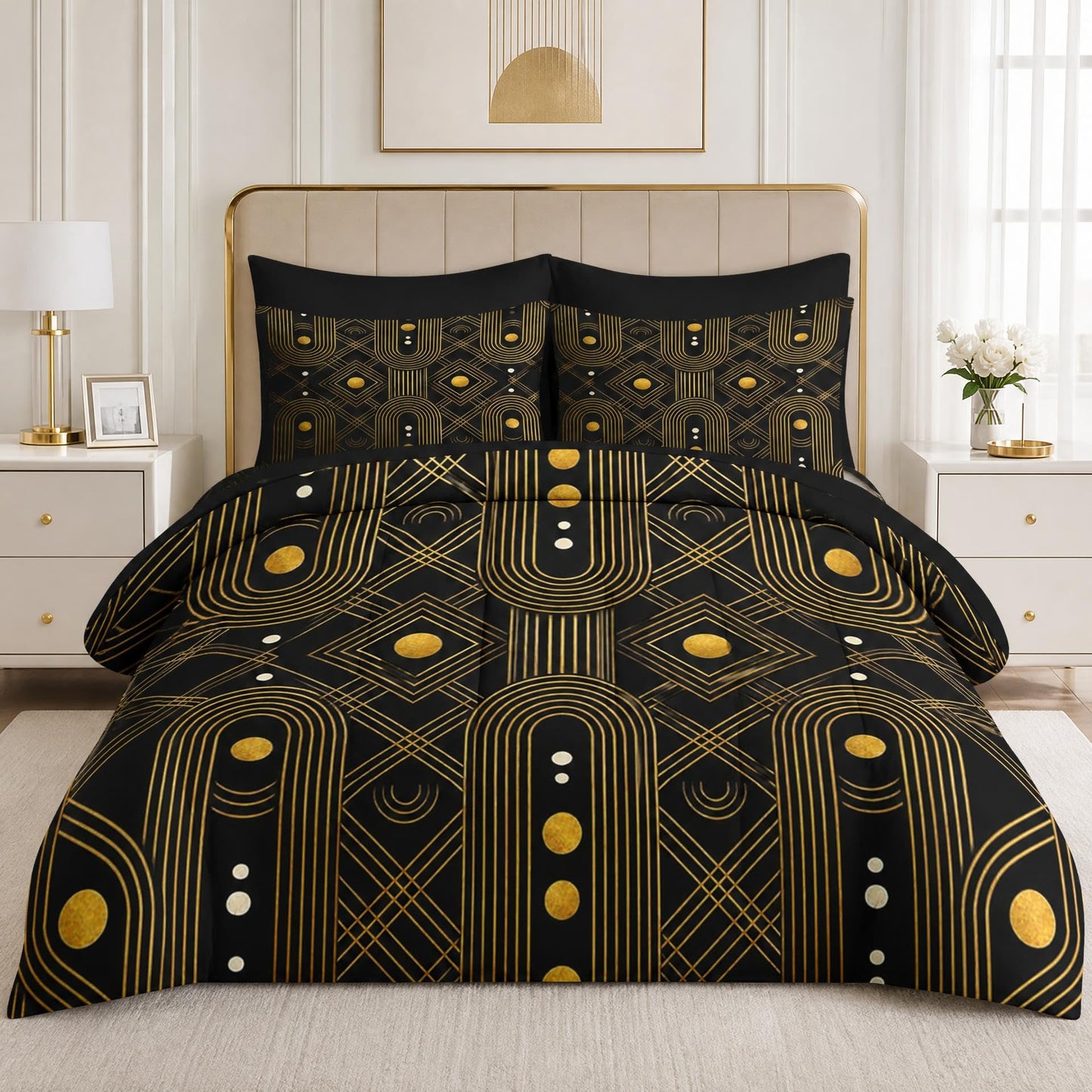 Boewywh Comforter Set Twin Size Geometric Gold Black 7 Pcs, Bedding for Kids and Adults, Retro Modern Bed Sheet Sets with Fitted Sheet 2 Pillowcases & 2 Shams for Bedroom Bed Decor
