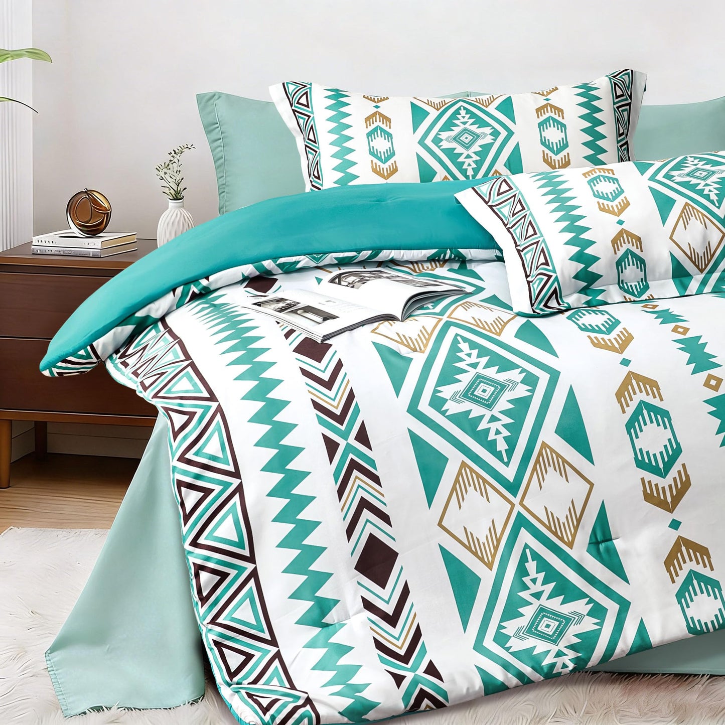 Tyrot King Comforter Set – 3 Piece Turquoise Boho Aztec Bedding, Western Southwestern Style Comforter Sets, Soft Lightweight Comforter for All Seasons, 1 Comforter & 2 Pillow Shams