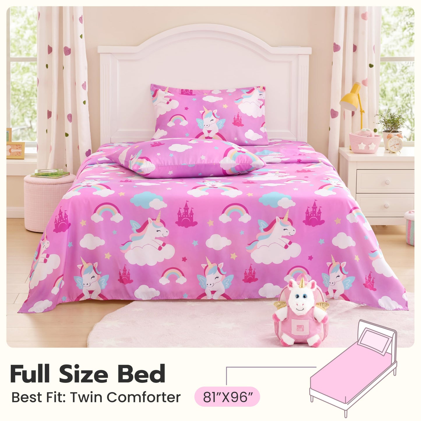 Joiedomi Kids Full Sheet Set Purple Unicorn - 4 Piece Soft Microfiber Bed Sheets - Deep Pocket Wrinkle Free, Cozy Toddler Bedding Set, Fade Resistant Breathable for Boys Girls Teens
