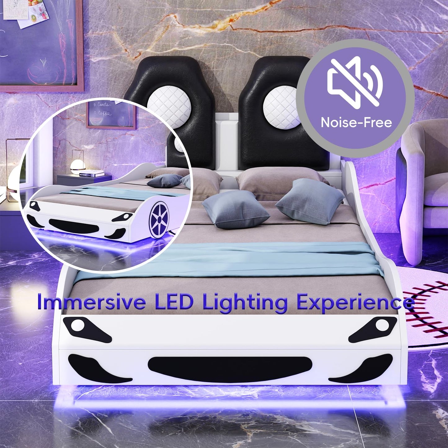 MaiDeHaoo Twin Bed Frames for Kids, Race Car-Shaped Bed Frame with LED Lights, Wheels and Upholstered Backrest for Boys, Girls, No Box Spring Needed, White