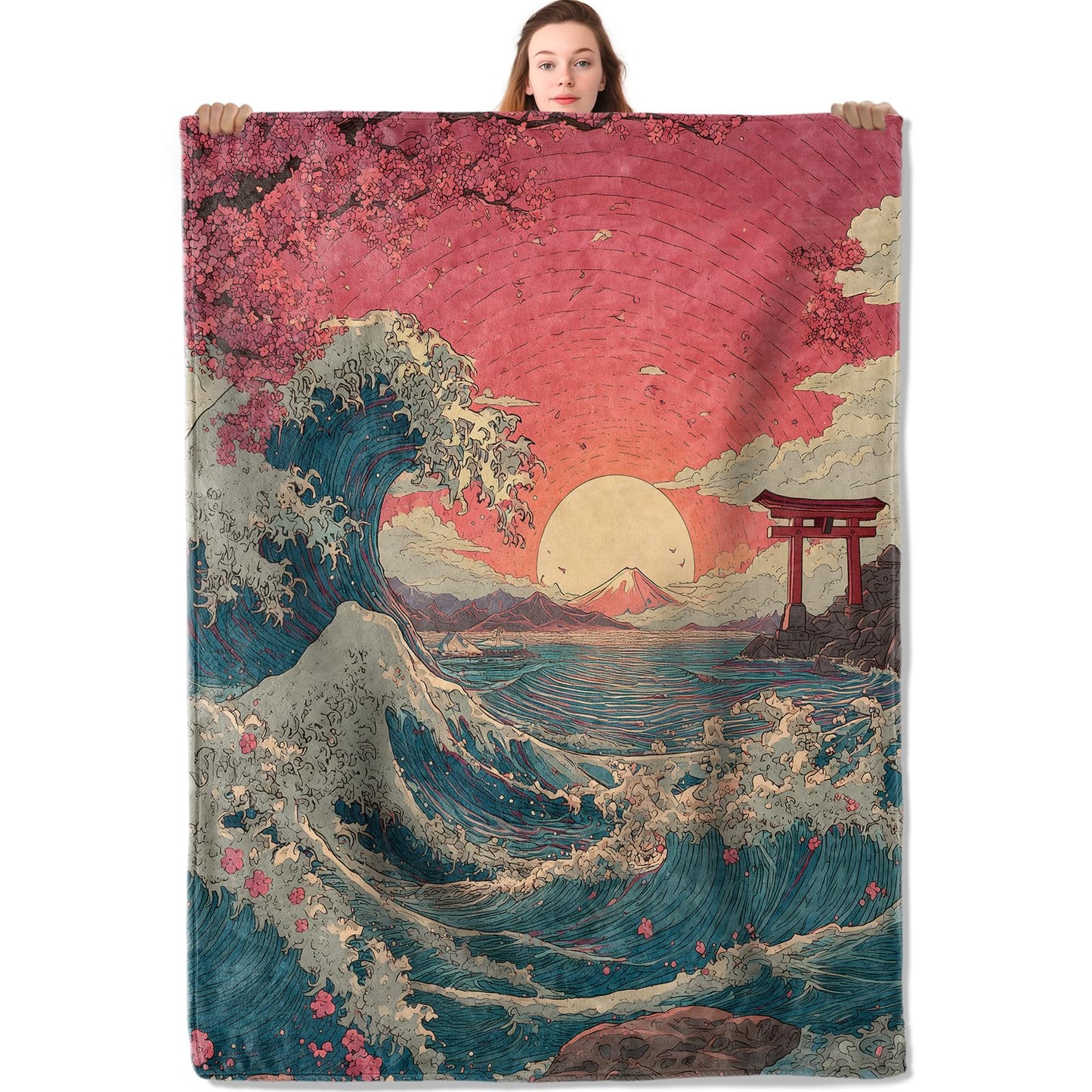 YCUFN Sunset Ocean Flannel Blanket 50"x60" Cherry Blossom Wave Japanese Lightweight Throw Blankets Birthday for Aesthetics Lovers Office Bedroom Sofa Travel Home Decorate