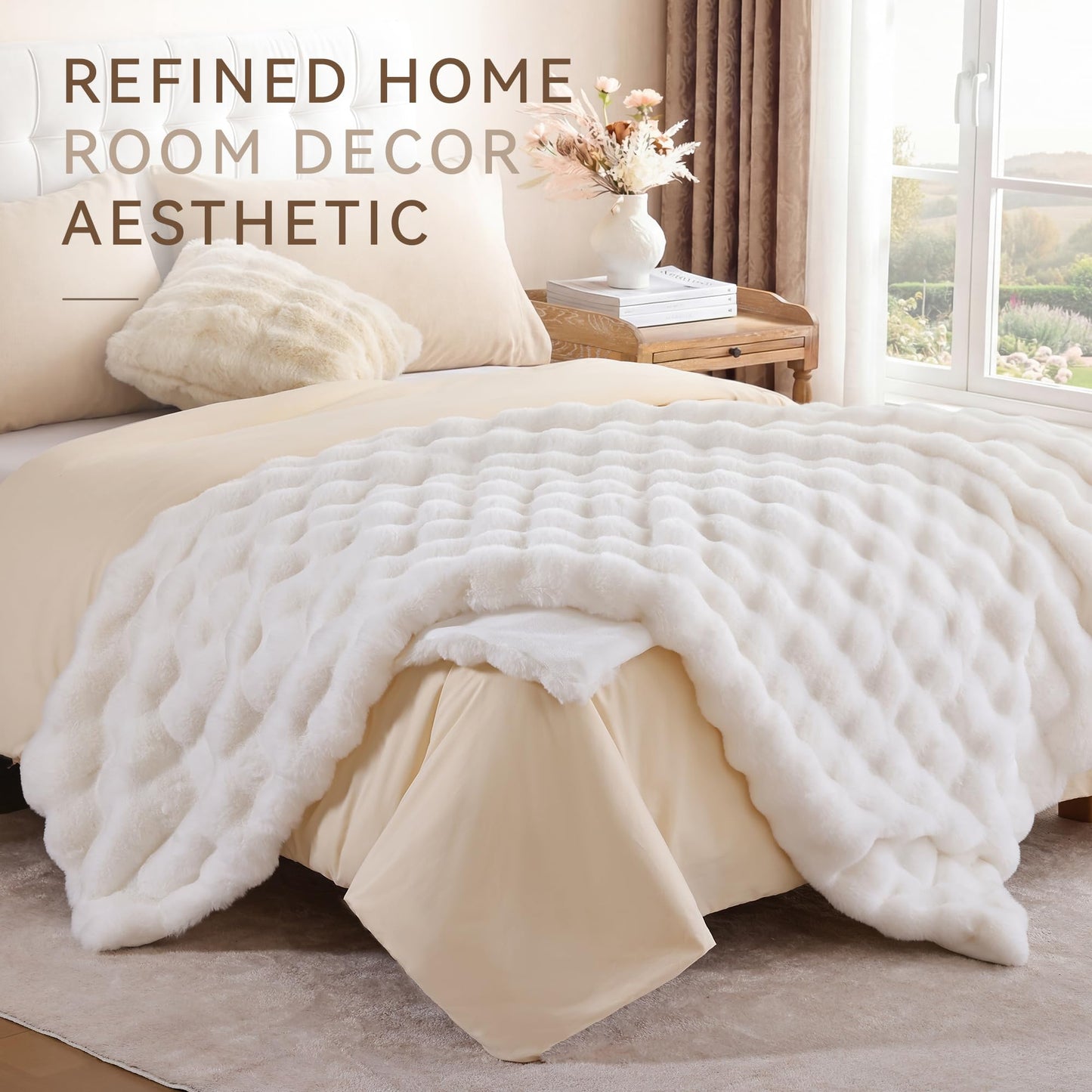 Smoofy Faux Fur Throw Blanket for Couch - Cream White Super Soft Cozy Bubble Blanket, Fluffy Plush Fuzzy Throw for Sofa & Bed, Thick Lightweight Warm Blanket, Luxury Aesthetic Gift for Women 50"x60"