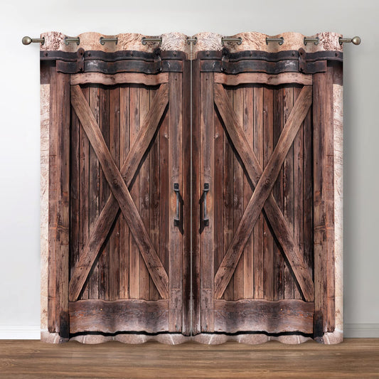 Jekeno Rustic Wood Blackout Curtains Farmhouse Vintage Brown Wooden Barn Door Decor Home Bedroom Living Darkening Grommet Window Drapes 2 Panel Set, 52"x84"