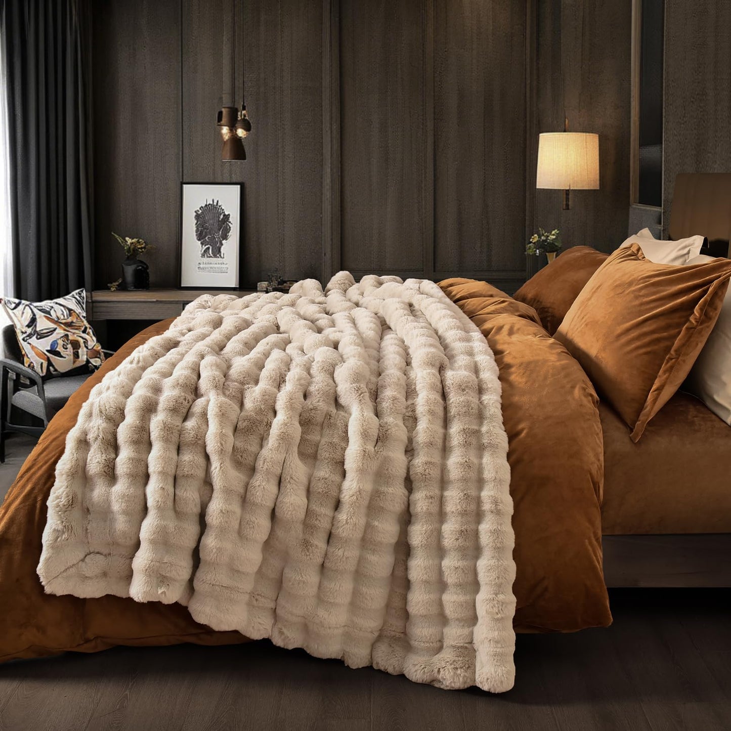 PHF Luxury Faux Rabbit Fur Throw Blanket, Ultra Soft Fluffy Plush Cozy Warm Bubble Blanket for Bed, Couch, Chair, Sofa Decorative, Thick Reversible Throw Suitable for Fall & Winter, 50" x 60", Oak