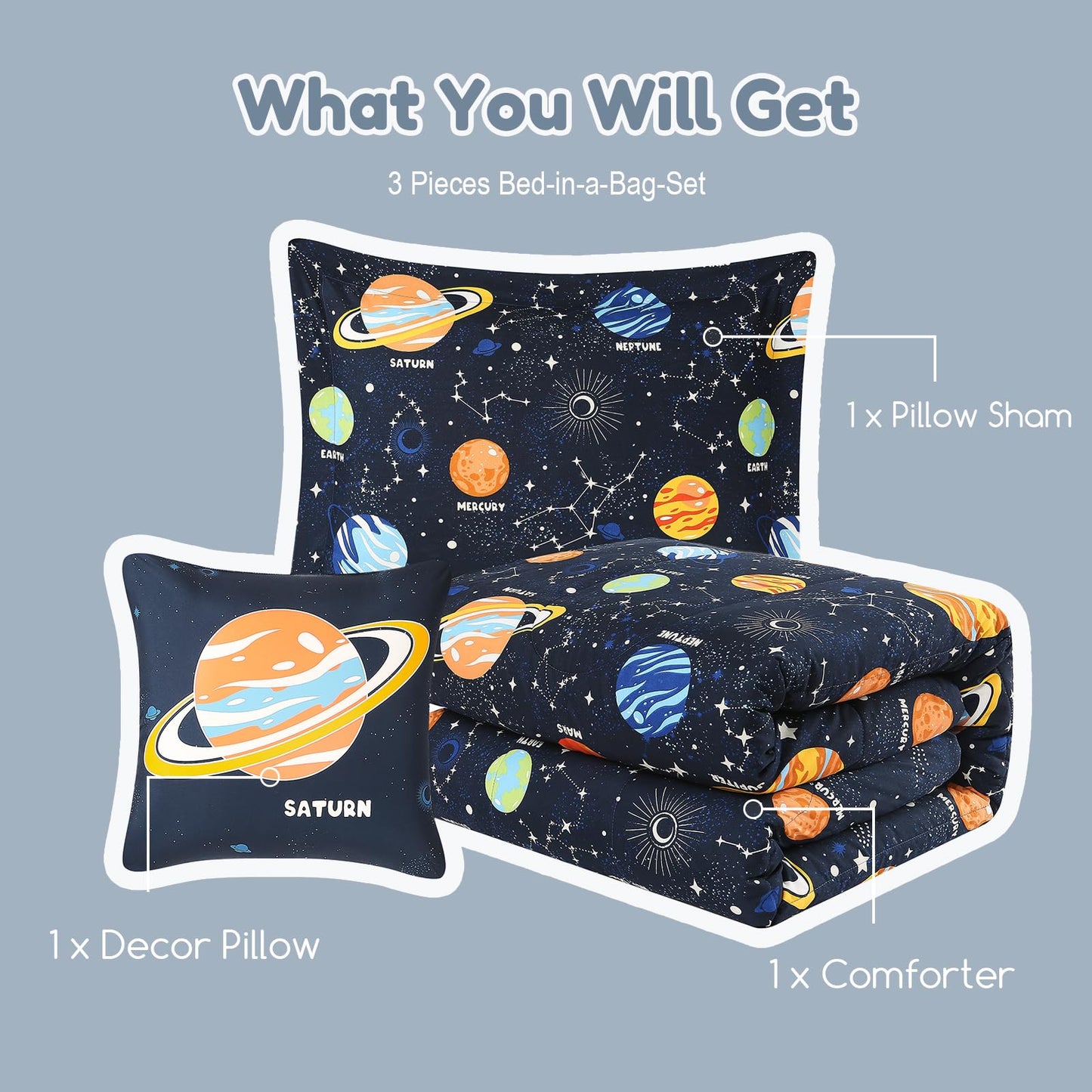 Wink Deer Twin Comforter Set for Boys-3 Pieces Space Glow in the Dark Twin Bedding Sets for Kids,1 Comforter,1 Sham and 1 Decor Pillow