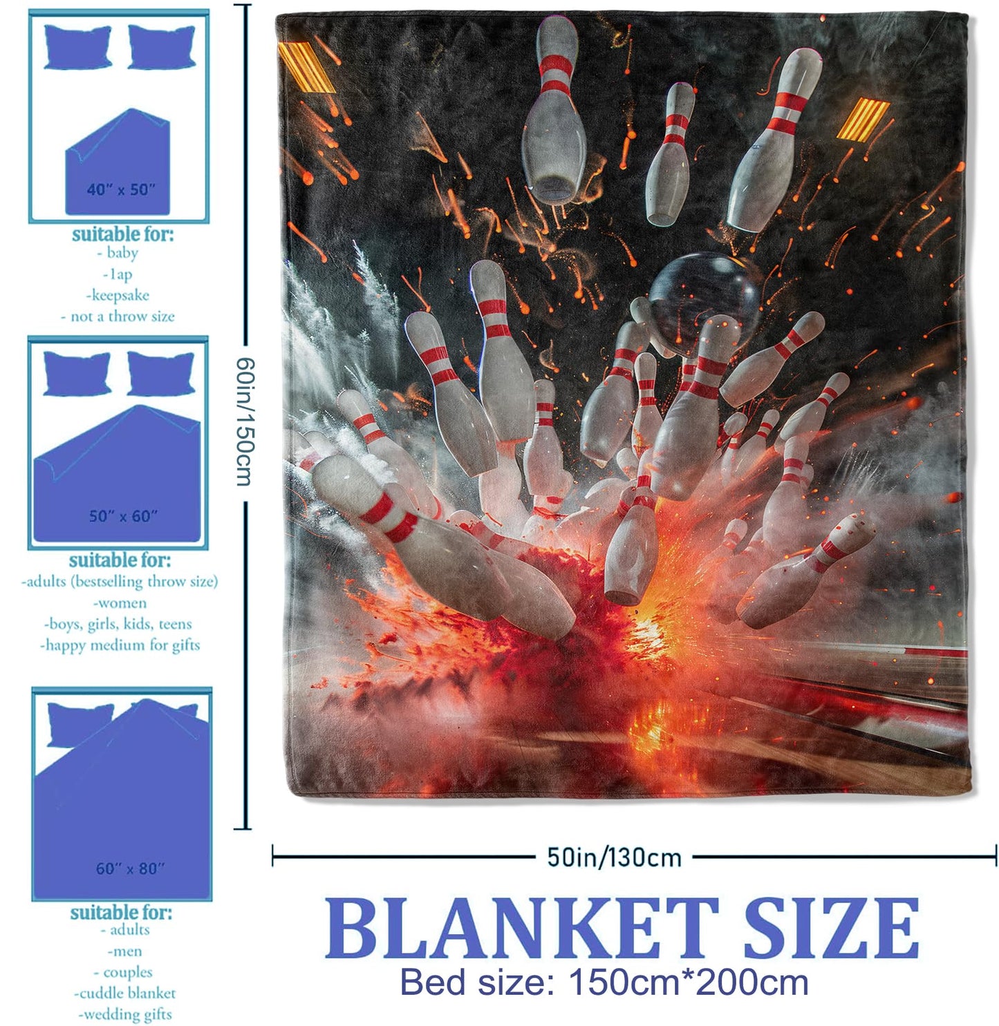 Plistiz Bowling Throw Blanket for Women Girls Boys, Soft Flannel Blankets Gifts for Living Room Couch, Home, Sofa Decor, 50"x60"