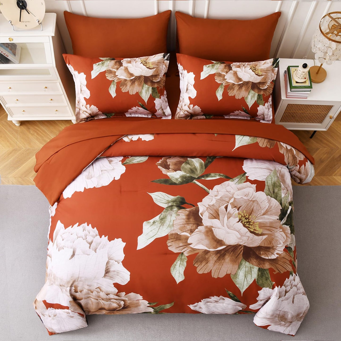 Dobuyly Burnt Orange Comforter Set Queen 7 Piece Bed in a Bag, Floral Printed on Terracotta Comforter Set with Sheets, Soft Microfiber Botanical Fall Bedding Set for All Season