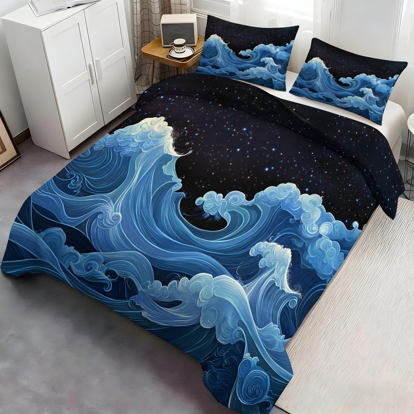 GKPLY Starry Ocean Bedding Comforters, Japanese Wave Duvet Cover, Cosmic Water Comforter Set, Reversible Print - Fantasy Sea Bedding Duvet Cover & 2 Pillowcases, California King