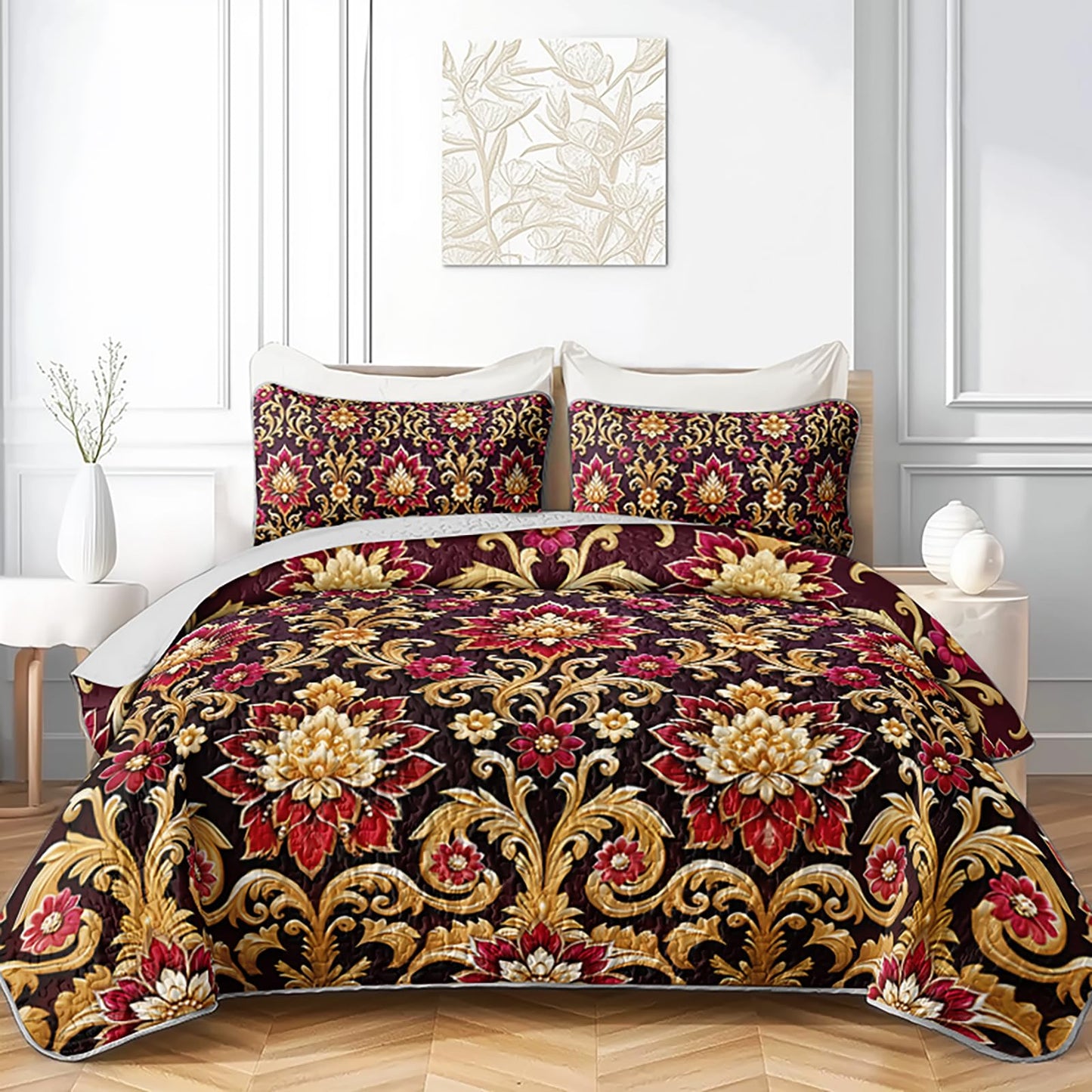 AILONEN Luxury Gold Floral Quilt Set - Elegant Flower King Bedspread Coverlet with 2 Pillowcases Room Decor for Adults & Bedroom