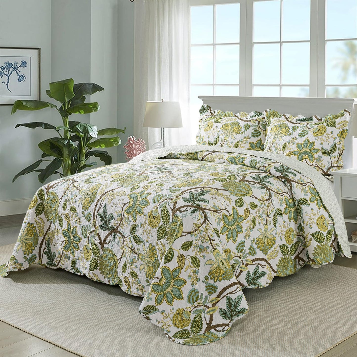 Travan 3-Piece Quilt Set Quilted Bedspread Cotton Coverlet Set Floral Oversized Quilted Bedding Set for All Season, White Vine, Queen Size