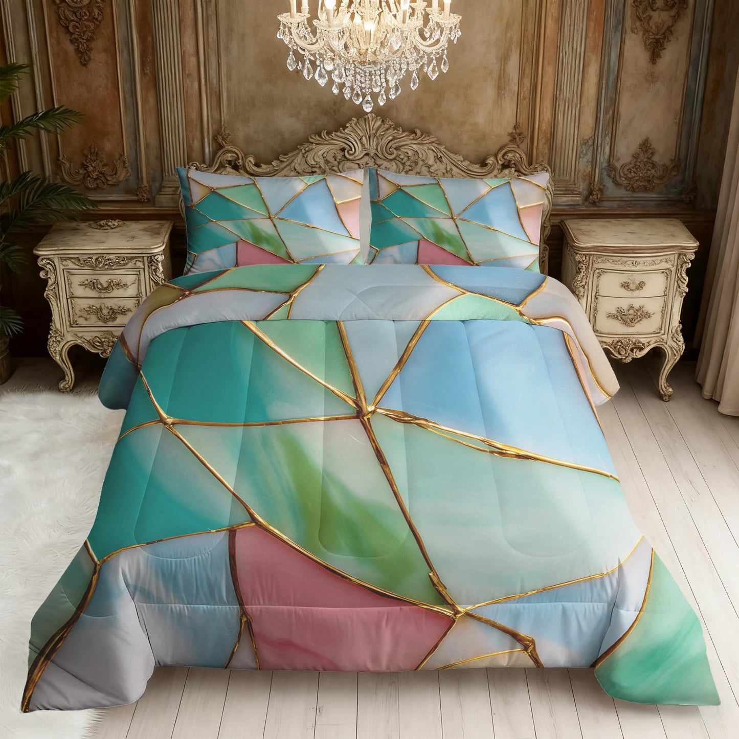 Flumoxa Stained Glass Comforter Set Full, Blue Green Marble Comforter Down Alternative All Season Bedding, Stained Glass Bed Sets Full Size with Pillowcase, Bedroom Decor