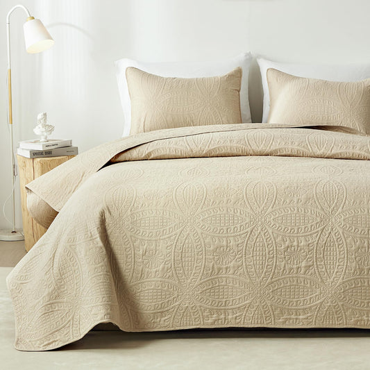 akkialla Queen Quilt Bedding Set,Beige Ultrasonic Full/Queen Quilt Set,Lightweight Soft Bedspread Coverlet,Modern Style Coin Pattern Bed Cover for All Seasons,3 Piece(1 Quilt,2 Pillow Shams)