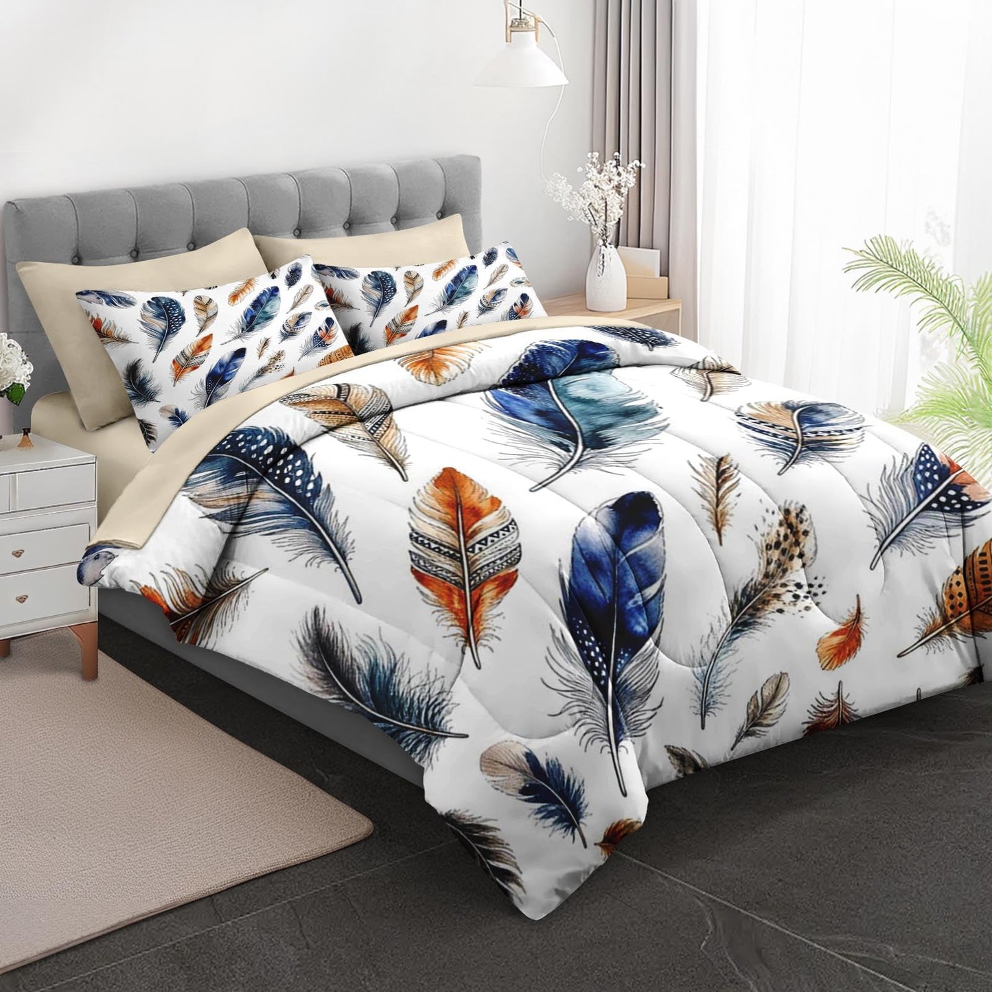 Boewywh Comforter Set Twin Size Feather Boho Western 7 Pcs, Bedding for Kids and Adults, Aztec Blue Bed Sheet Sets with Fitted Sheet 2 Pillowcases & 2 Shams for Bedroom Bed Decor