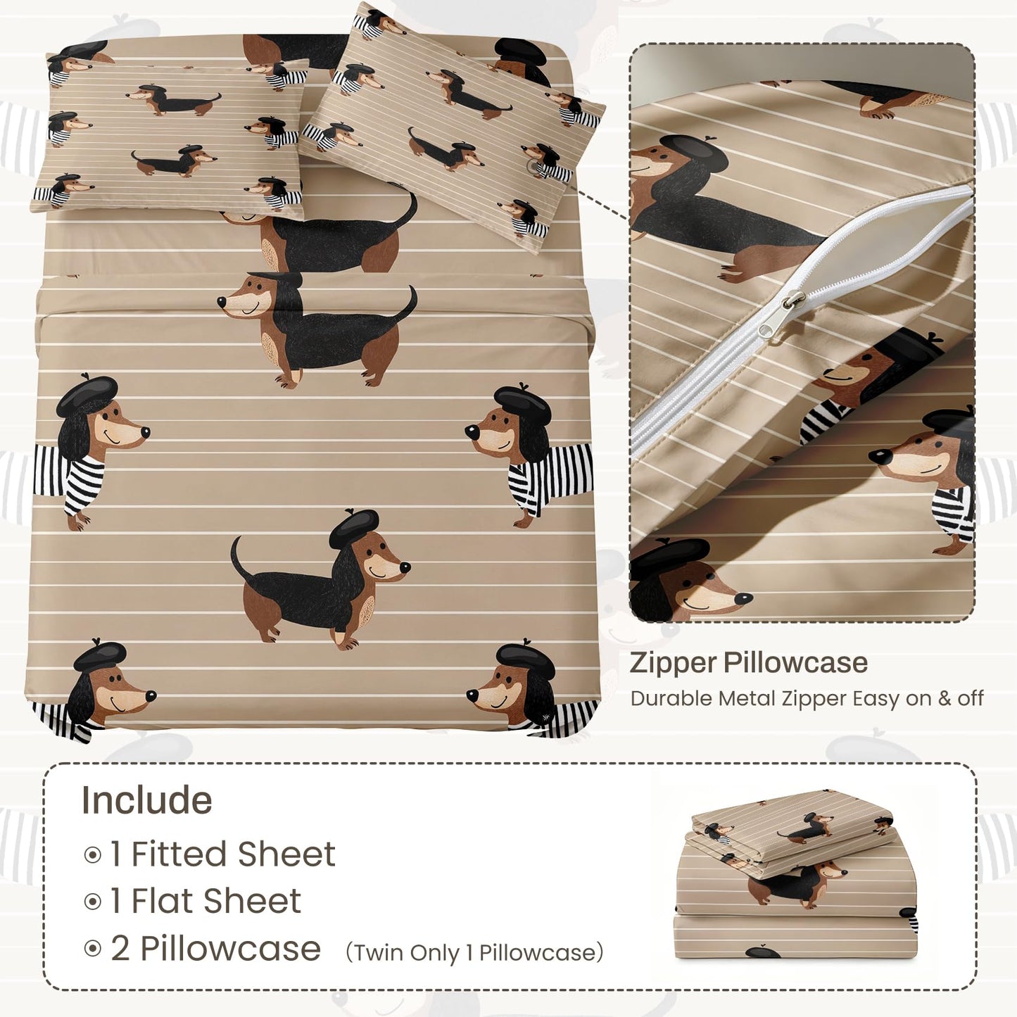 Dachshund Twin Sheet Set Boys Puppy Flat Fitted Sheet Sets, Cream