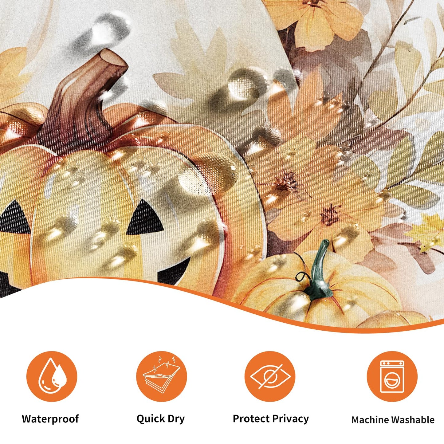 deFouliao Halloween Shower Curtain White Cute Ghost Fall Pumpkin Floral Bathroom Curtain Sets for Halloween Autumn Bath Home Decor, Waterproof Fabric Decor with Hooks 72x72 Inch