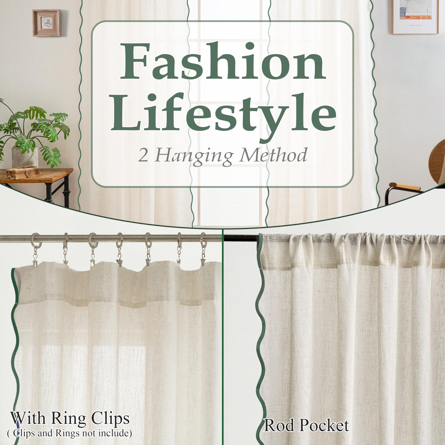 DriftAway Semi Sheer Scalloped Edge Linen Coastal Beach Window Curtains for Living Room Bedroom 2 Panels Rod Pocket Each Size 52 Inch by 84 Inch Loden Green