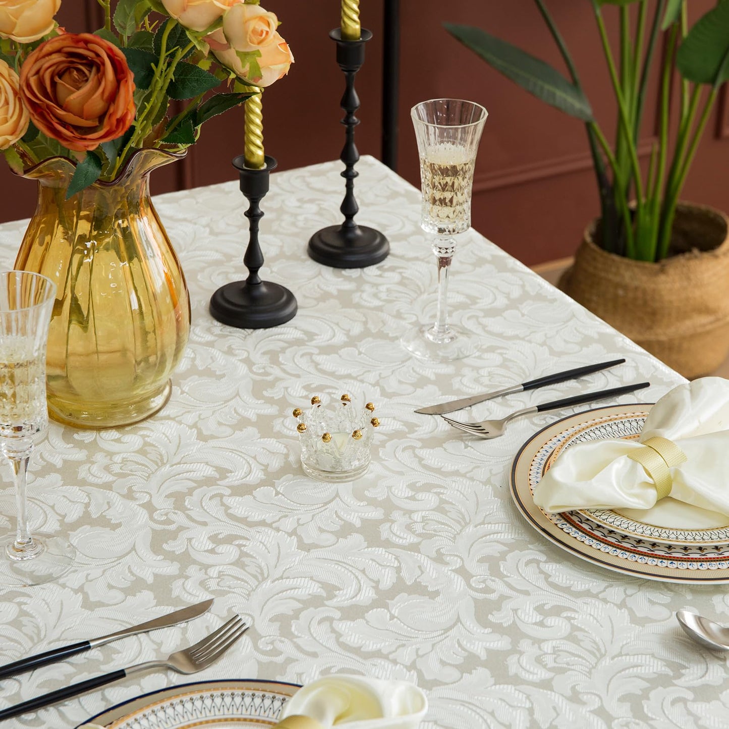 GLORY SEASON Emboss Style Textured Tablecloth Waterproof Solid Bordered Retro Tablecloths Classic Luxurious Washable Rectangle/Oblong Table Cloth,Kitchen Dinning Decor 60x84 Inch