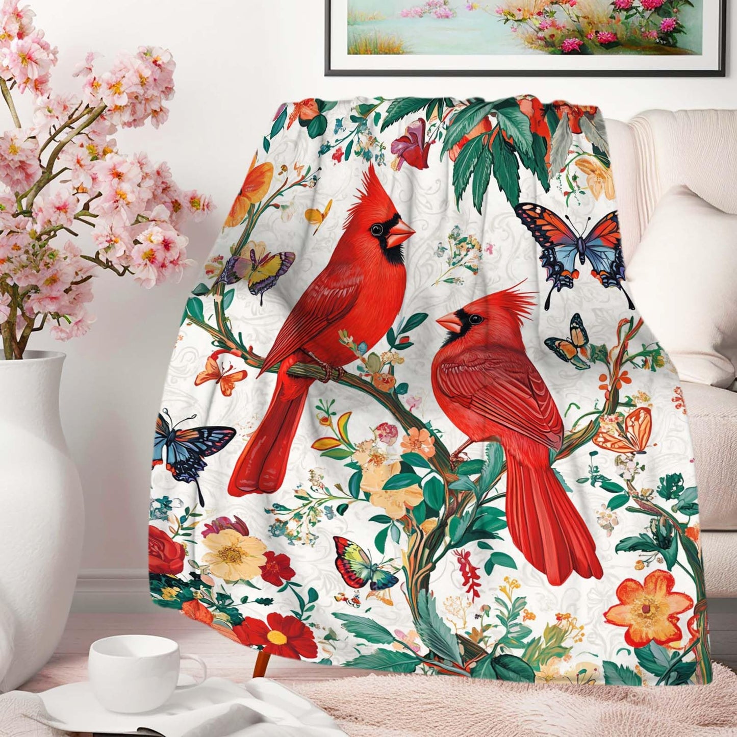ZwenPdoe Cardinal Throw Blanket 40x50 Inches | Red Bird Floral Butterfly Fleece Blanket for Couch Sofa Bed | Botanical Farmhouse Decorative Throw Cozy Gift for Women Mom