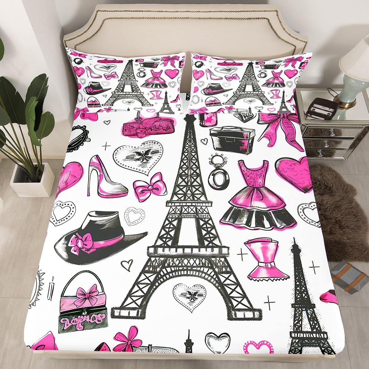 Fashion Women Clothing Fitted Sheet Full for Boys Kids Teens Bedroom,Romantic Eiffel Tower Bedding Set(No Top Sheet),Pink Hat Bag Bed Sheet,Makeup Theme Bed Cover,2 Pillowcases