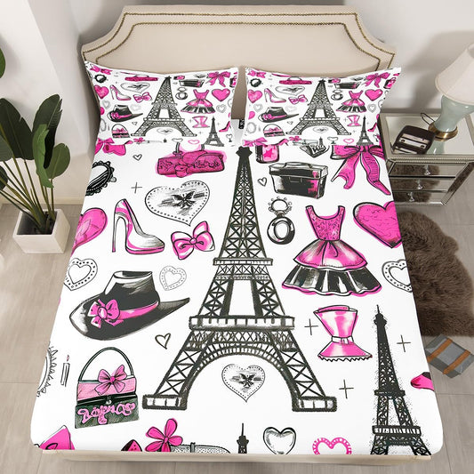 Fashion Women Clothing Fitted Sheet Full for Boys Kids Teens Bedroom,Romantic Eiffel Tower Bedding Set(No Top Sheet),Pink Hat Bag Bed Sheet,Makeup Theme Bed Cover,2 Pillowcases