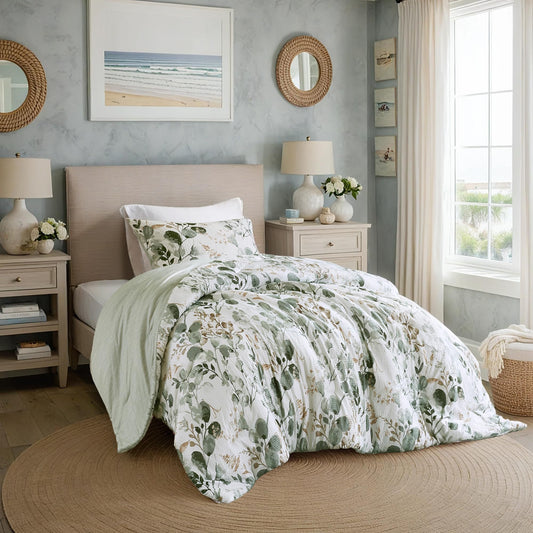Regency Heights Lightweight Seersucker Botanical Comforter Set Twin Size, 2 Pieces Reversible Design with Striped Print, Premium Microfiber Bedding Set, Comforter and Sham Set, Green