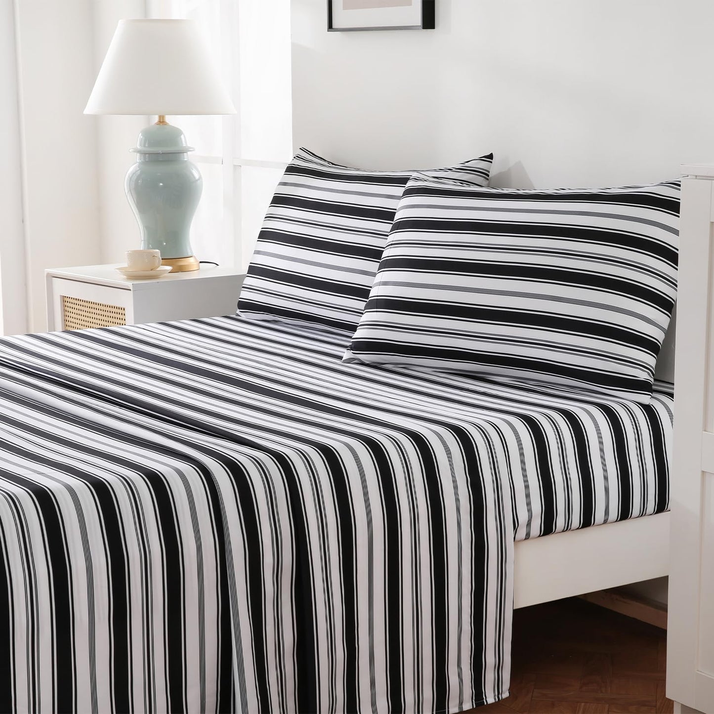 MCO 4Pieces Striped Sheets Set, Breathable King Sheet Set with 16" Deep Pocket,Modern & Luxury, Brushed Microfiber Bedding Set(King, Black)