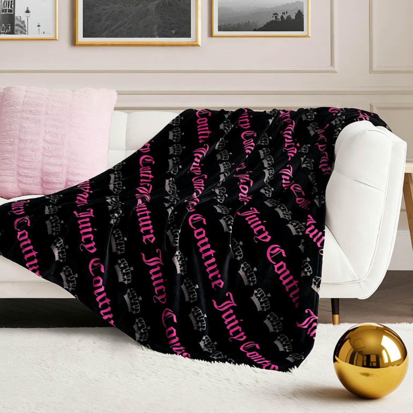 Juicy Couture Diagonal Juicy Crown Stripes Plush 50" x 70" Throw Blanket, Black