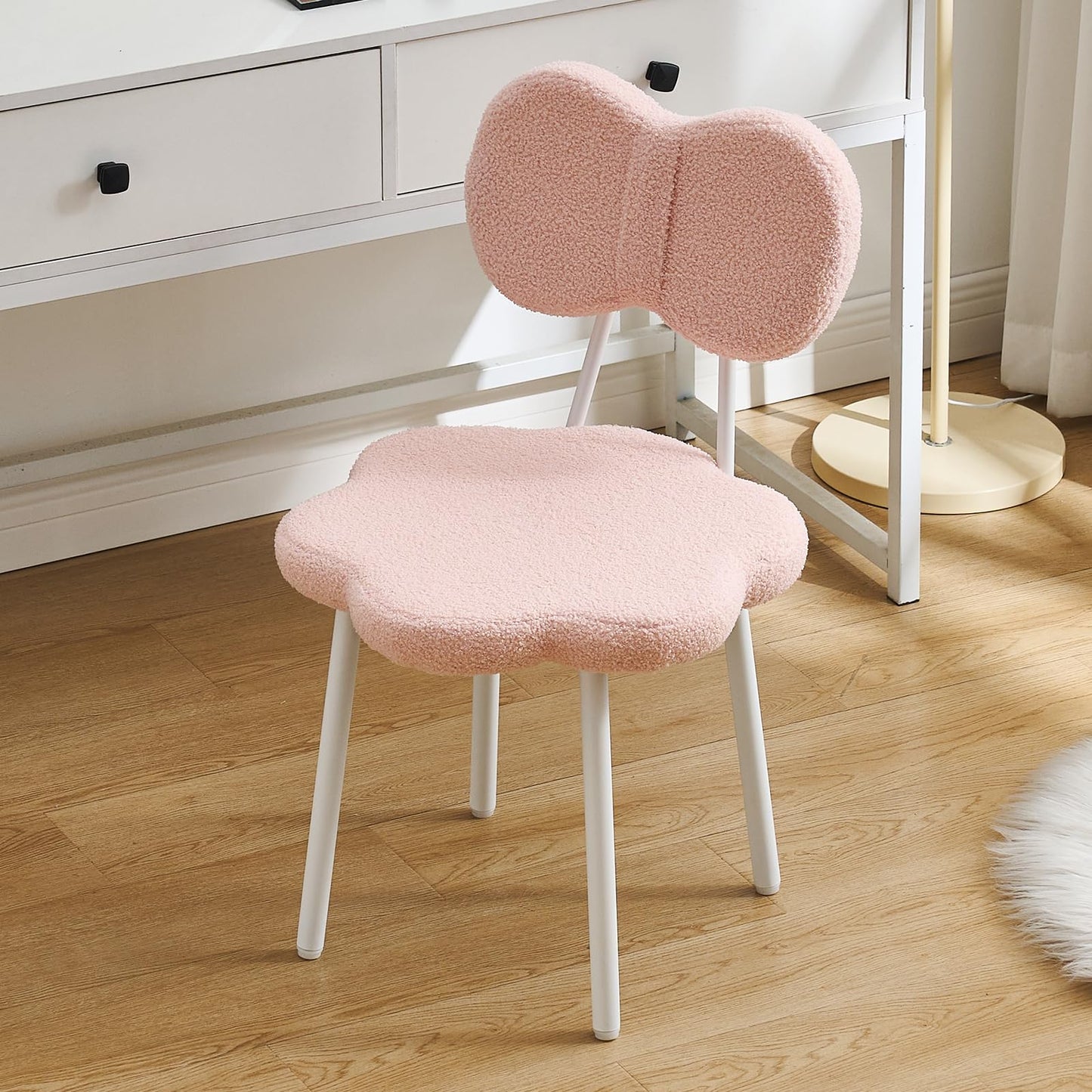 Ultrahome Vanity Girl Chair,Teen Kids Desk Chair with Bow Shape Backrest,Teddy Flence Reading Chair for Bedroom,Study Room,Make Up (Pink)