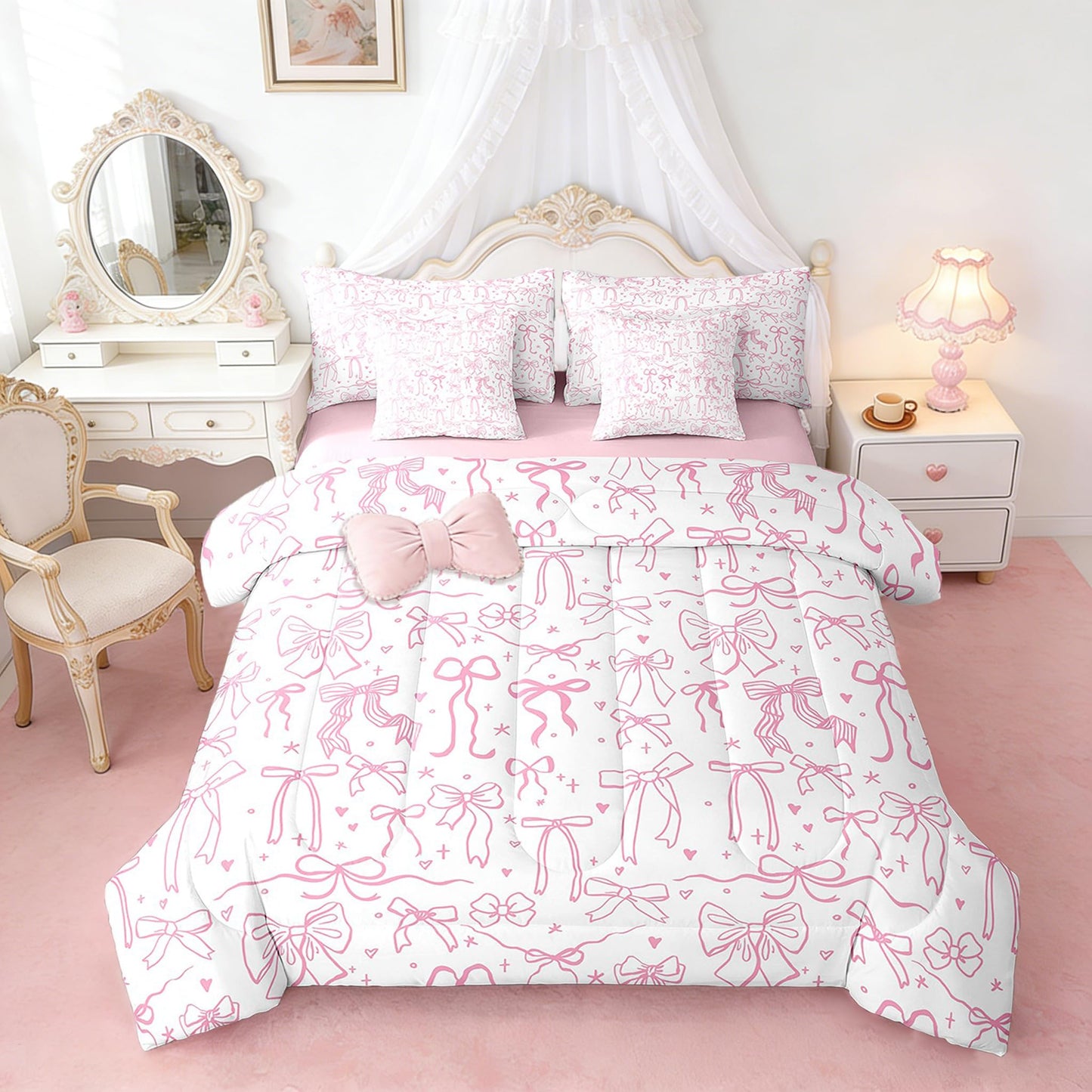 Pink Bowknot Kids Girls 7Pcs Comforter Set Full Size,Cartoon Hand Drawn Stars Love Bow Fitted Flat Sheet,Sweet Princess Style Bedding Set for Teens Woman Room Decor,Dreamy Pink White 4 Pillow Cover