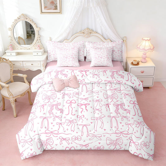 Pink Bowknot Kids Girls 7Pcs Comforter Set Full Size,Cartoon Hand Drawn Stars Love Bow Fitted Flat Sheet,Sweet Princess Style Bedding Set for Teens Woman Room Decor,Dreamy Pink White 4 Pillow Cover