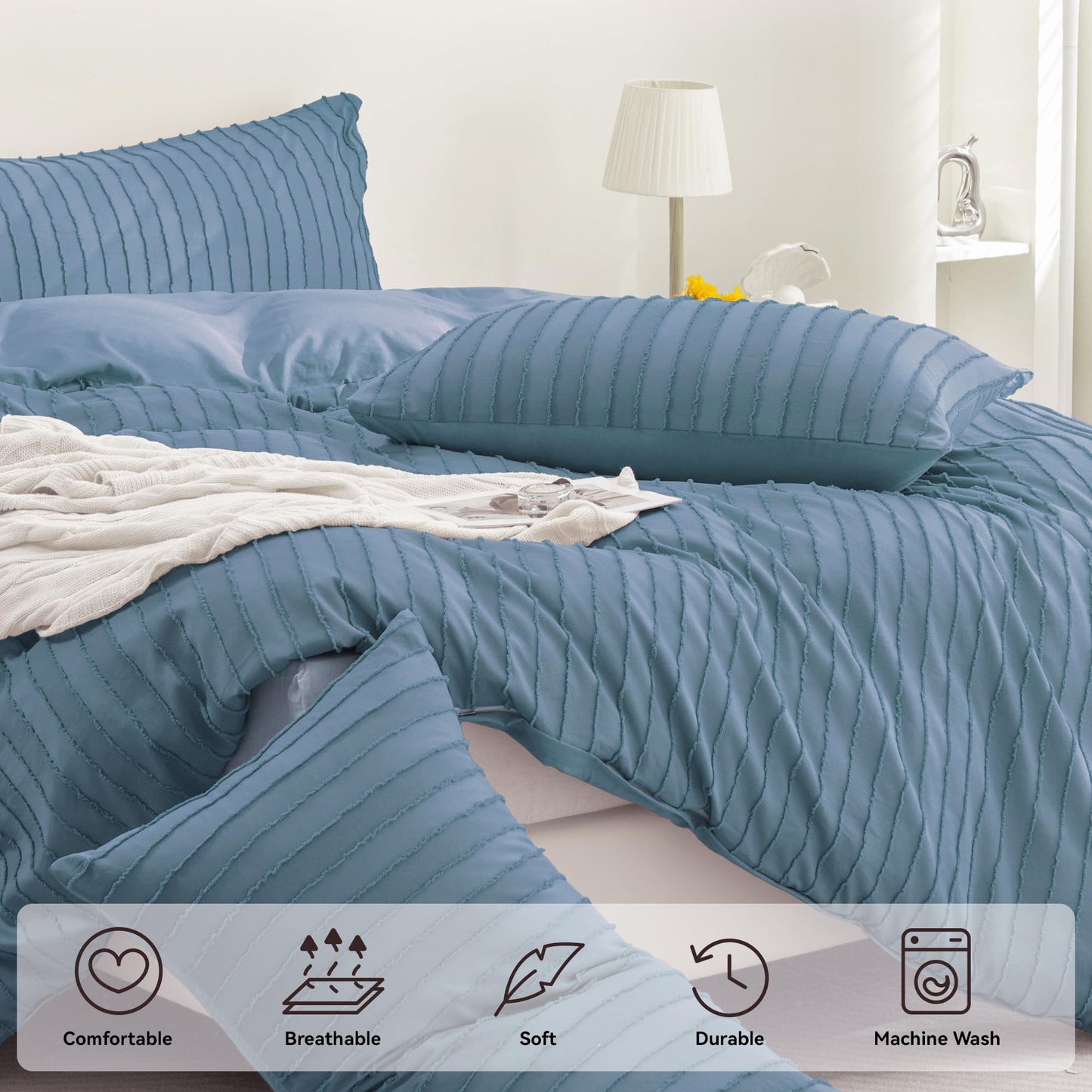 JELLYMONI Duvet Cover Full Size Blue - 3PCS Boho Striped Duvet Cover Set Polyester Tufted Bohemian Textured Comforter Cover with Corner Ties & Zipper Closure