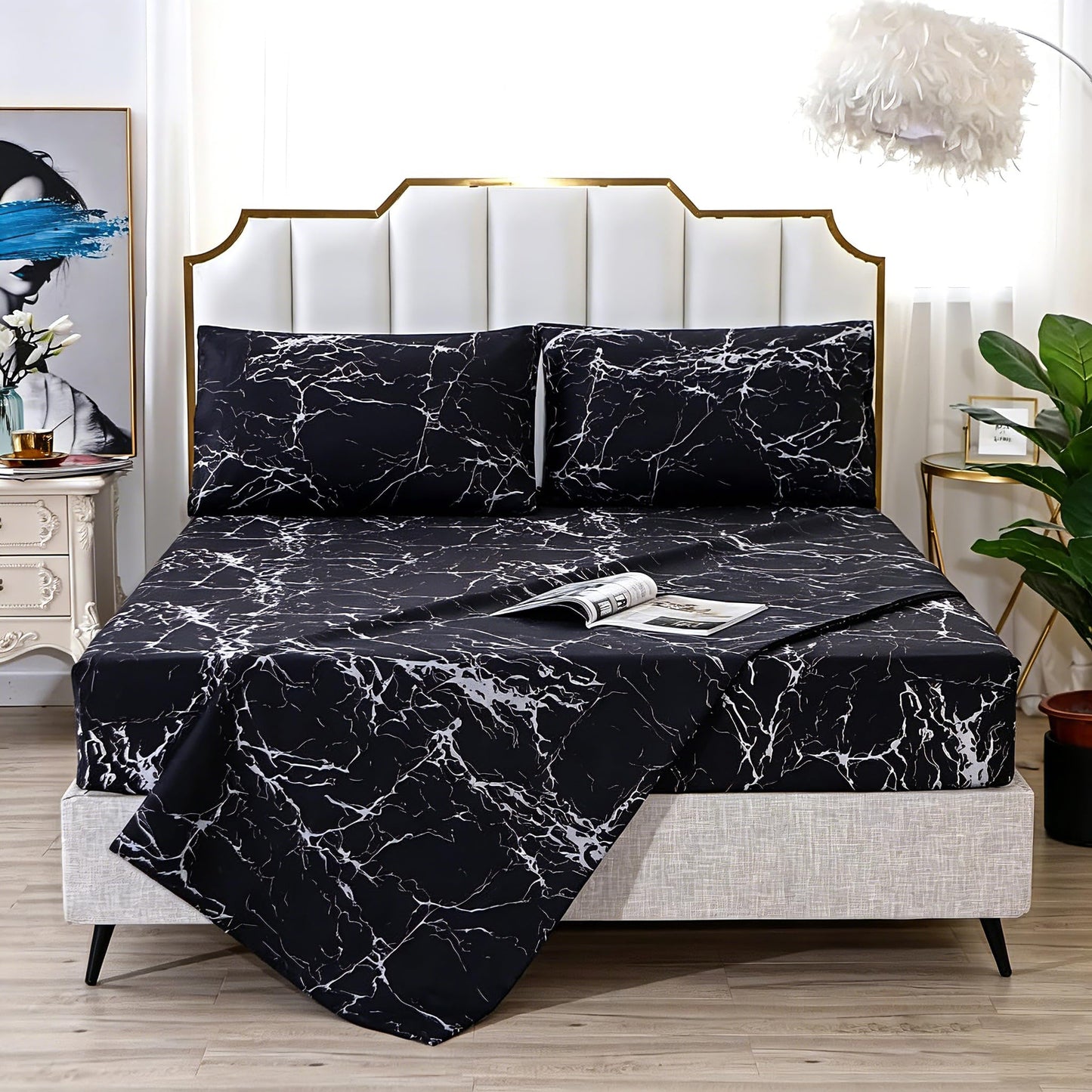 MAG Black Marble, Super Soft Microfiber Bed Sheet 4PC, Marble Bedding Sheet Set Included 1 Fitted Sheet, 1 Flat Sheet with 2 Pillowcases, 14 Inches Deep (Queen, Black)