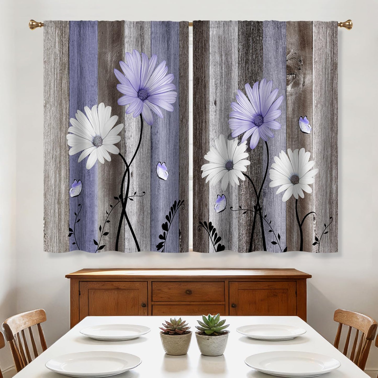Cizuug Purple Farmhouse Daisy Kitchen Curtains Wooden Flower Small Short Cafe Window Curtains Rustic Floral Butterfly Country Bathroom Drapes Treatment Tier Curtains 2 Panels