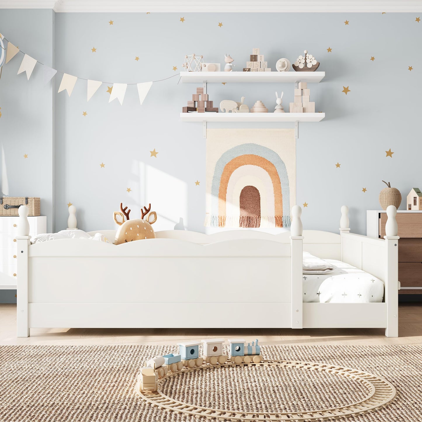 KEIKI Full Size Wood Montessori Floor Bed Frame with Beside Book Shelf, for Girls and Boys, Floor Bed with Full-Length Guardrails & Slats, Easy Assembly, No Box Spring Required, for Bedroom, Beige