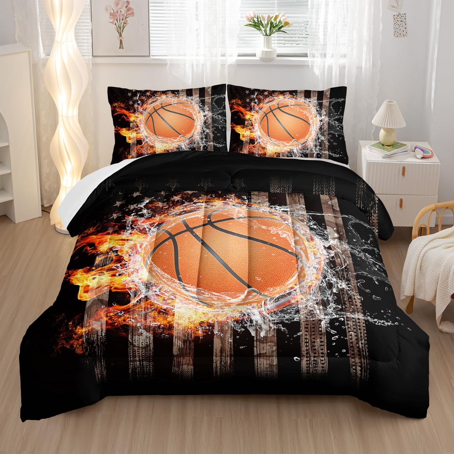 Nttopship Basketball Boys Comforter Set Twin Size，American Flag Bedding Set，100% Soft Ultra-fine Fiber Four Season Sport Basketball Comforter Set with 1 Comforter and 2 Pillow Case